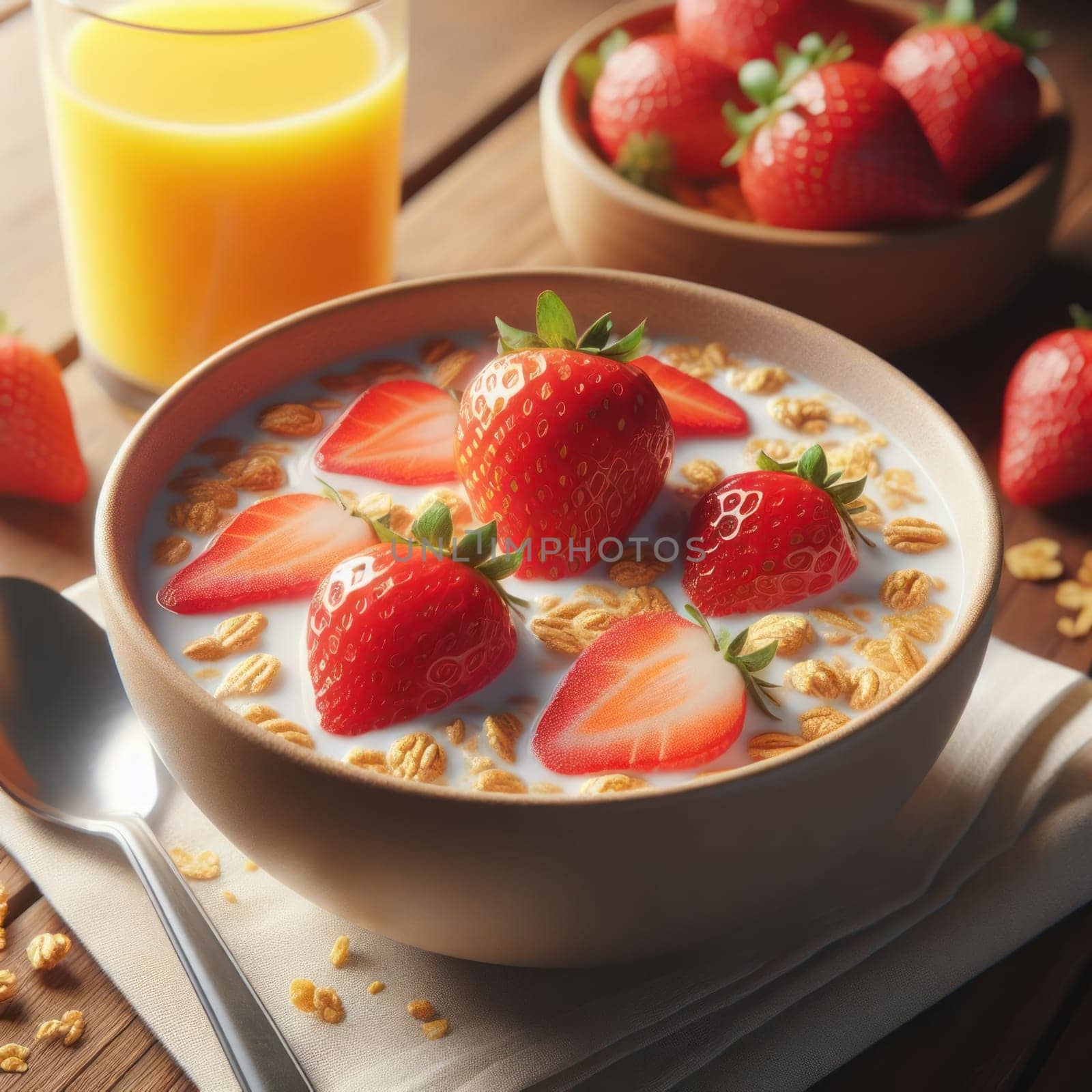 Breakfast still life: a glass of orange juice and strawberries and cereal in milk
