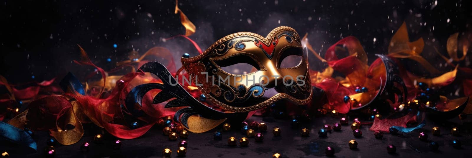 Colorful carnival festival background. Carnival mask for the holiday. Wide format banner AI