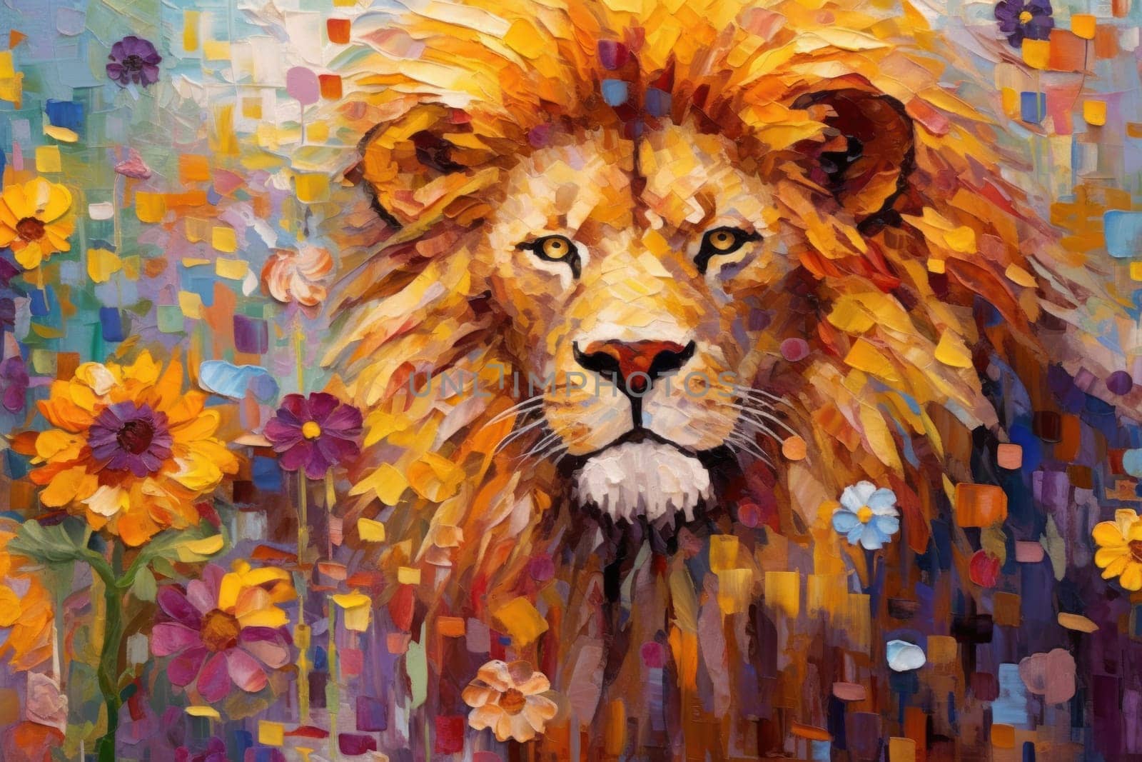 Lion made of oil paint modern art with sunflower Generative AI.