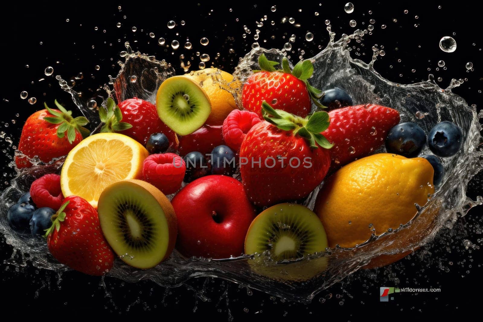 Photo of various fruites with water splashes.