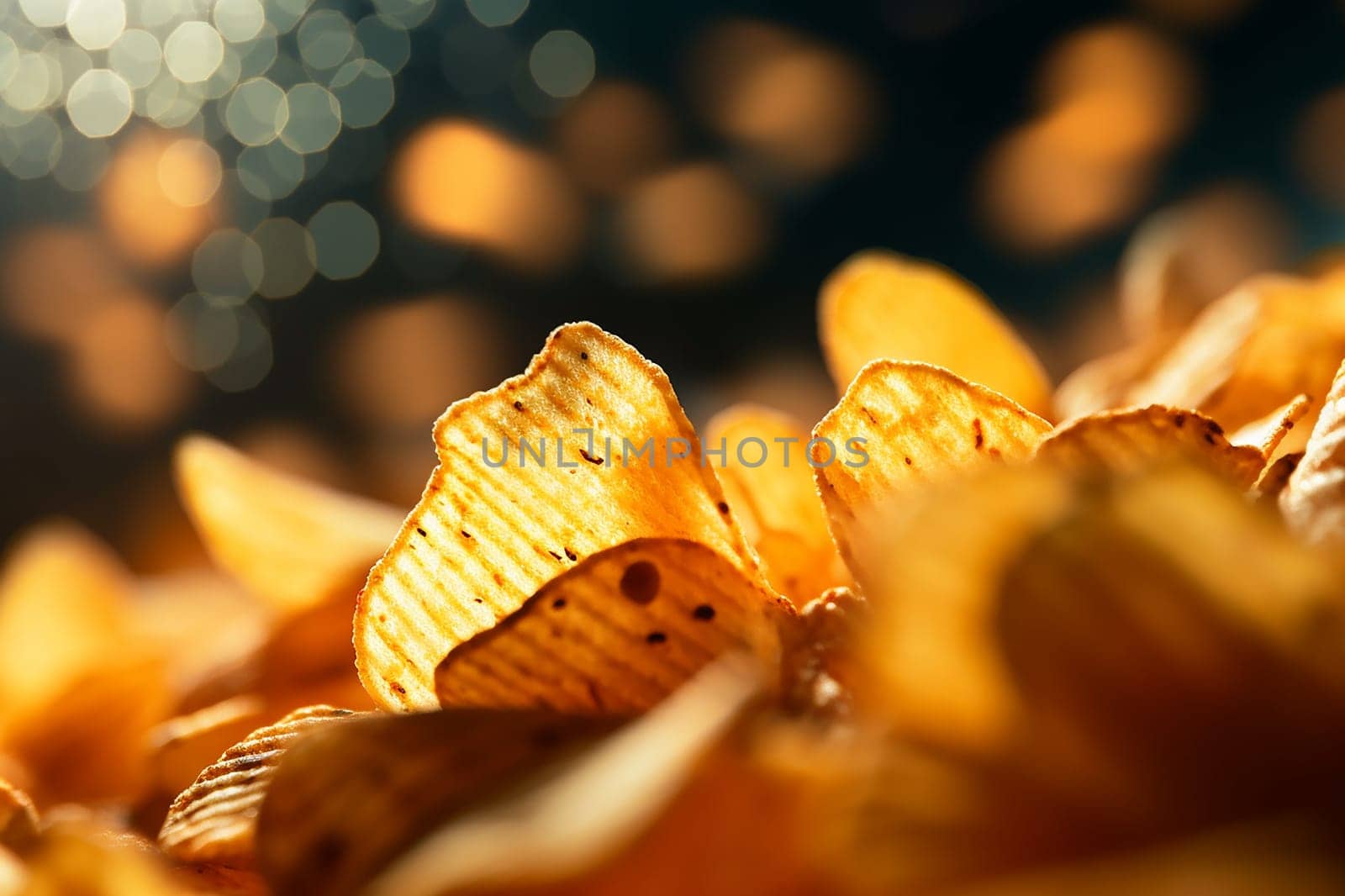 Crispy and crunchy close up potato chips on a bokeh light background.