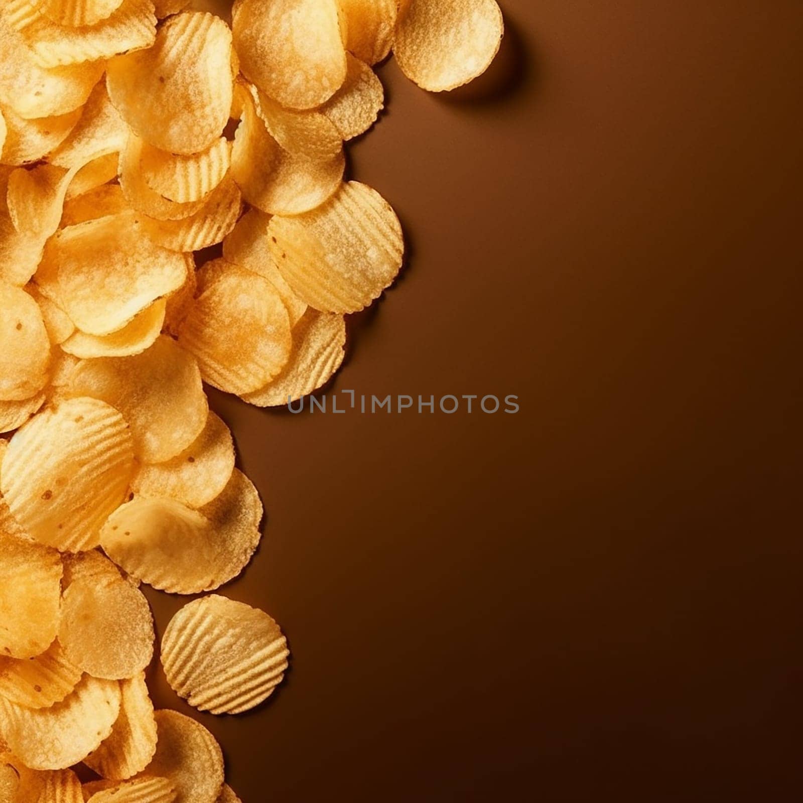 Pile of crispy golden potato chips on wooden background.