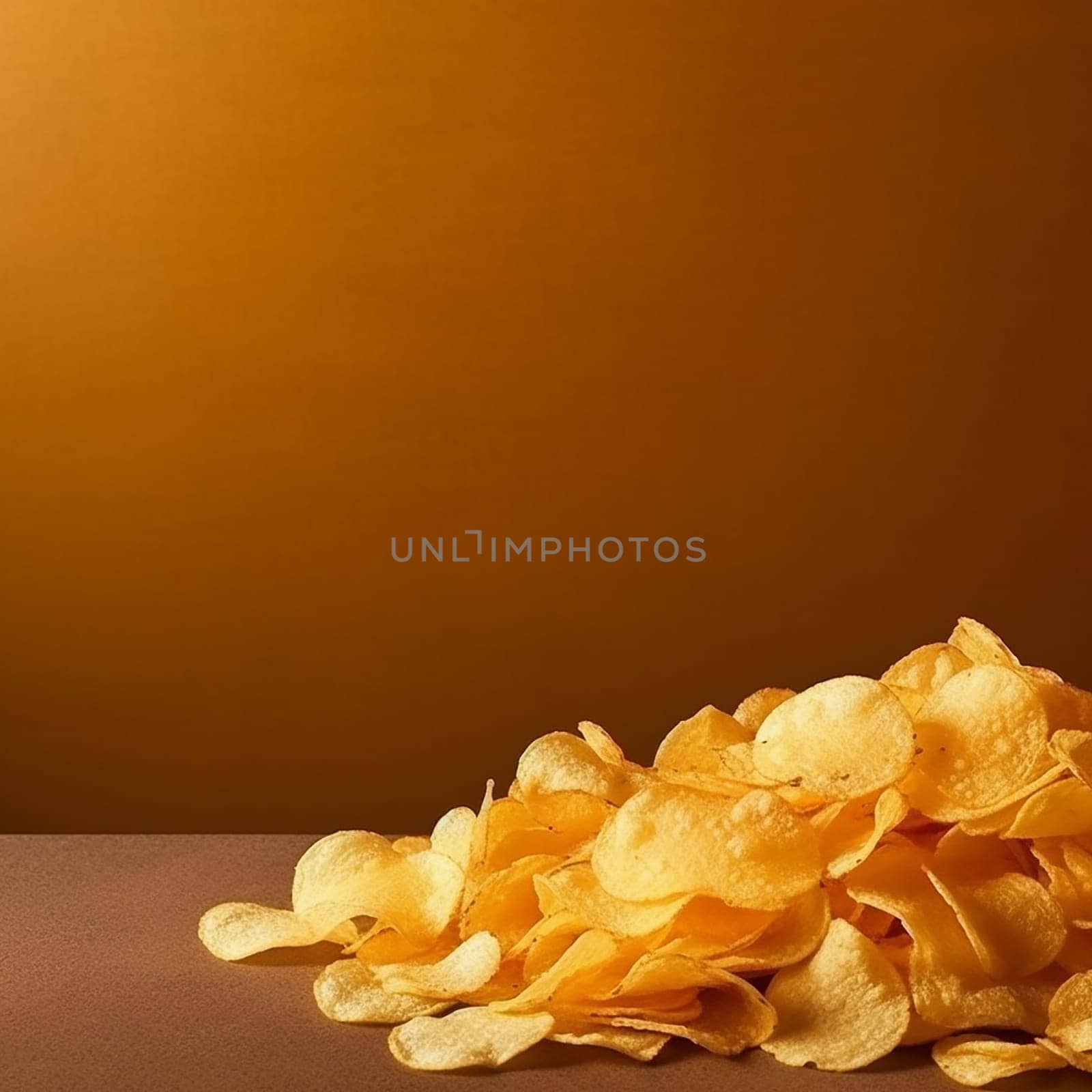 Potato chips junk food on a yellow background.