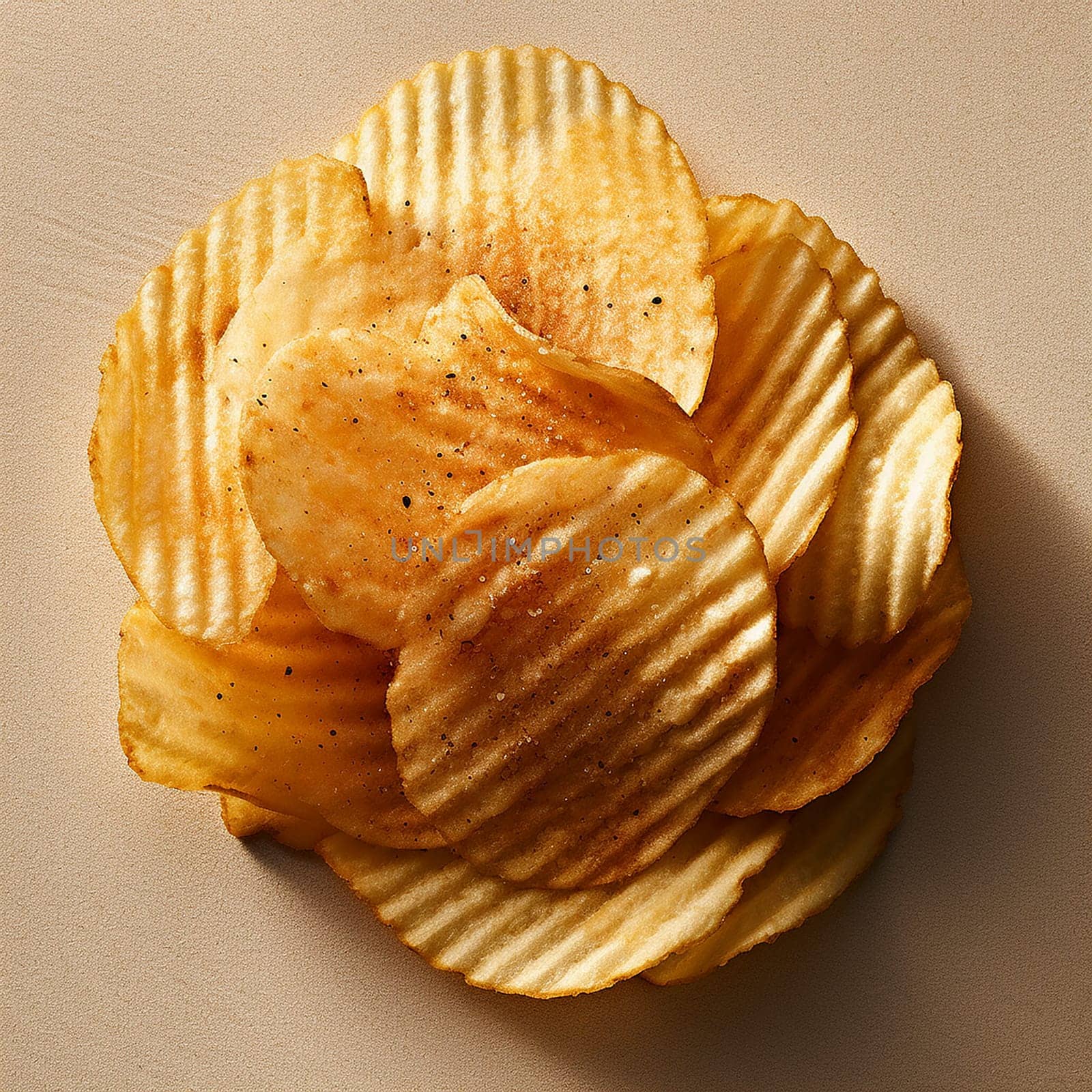 A pile of various crispy potato chips with salt, on upper view by Hype2art