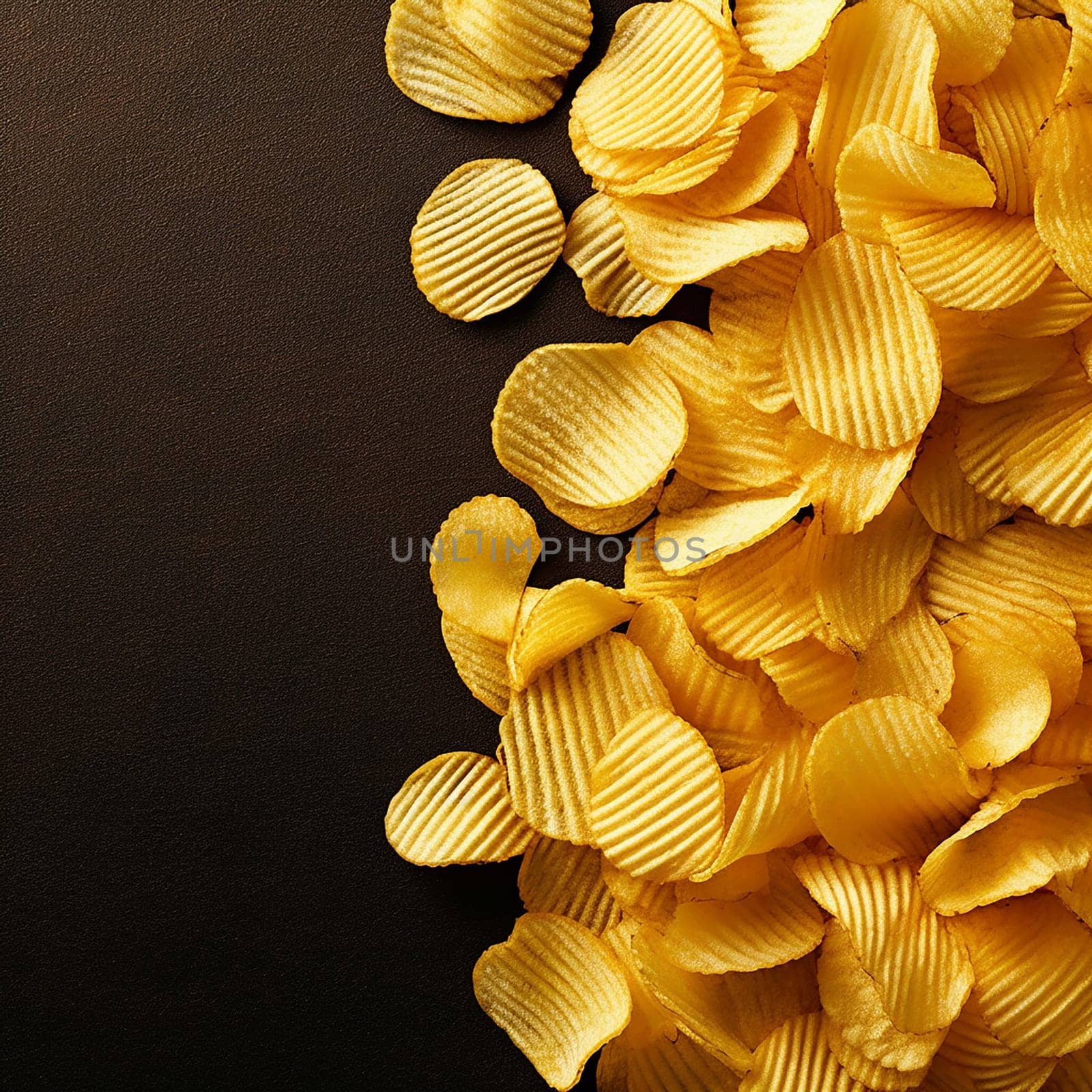 Pile of crispy golden potato chips on wooden background.