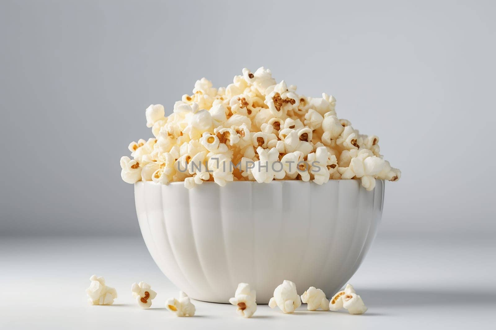 Bowl of freshly popped white popcorn on a plain background