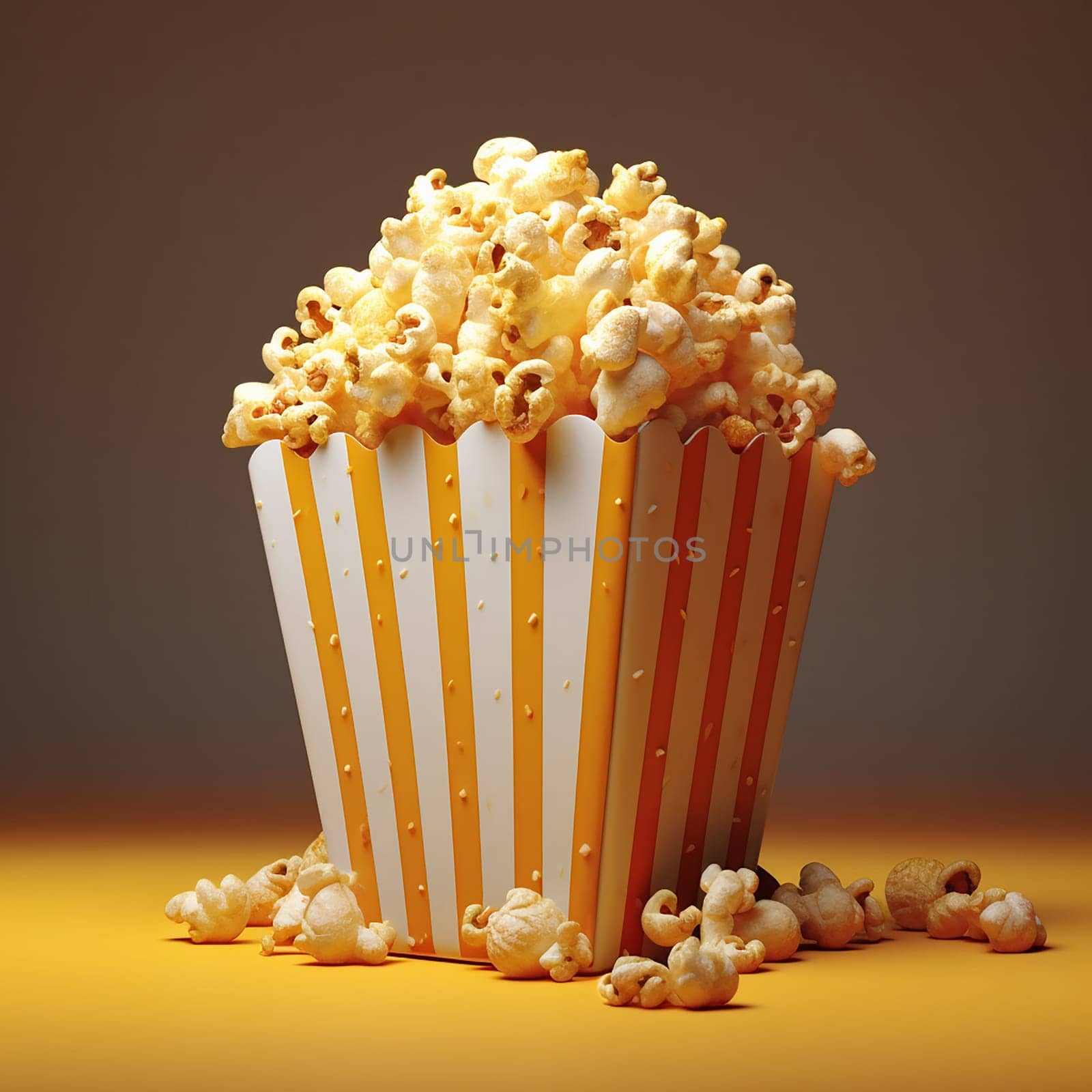 A full box of popcorn on a yellow background.