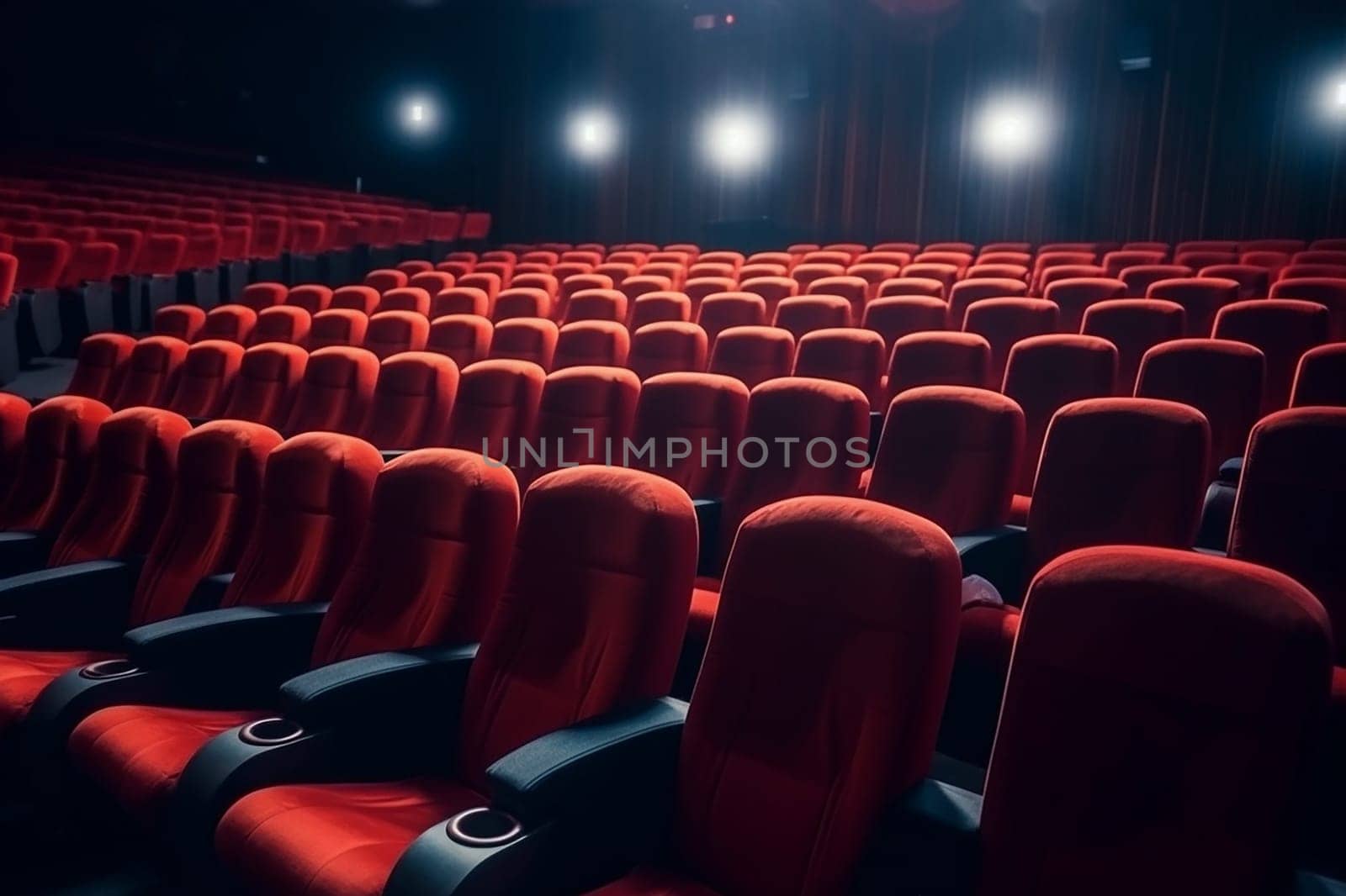 Empty red seats in a dark theater with stage lights on.