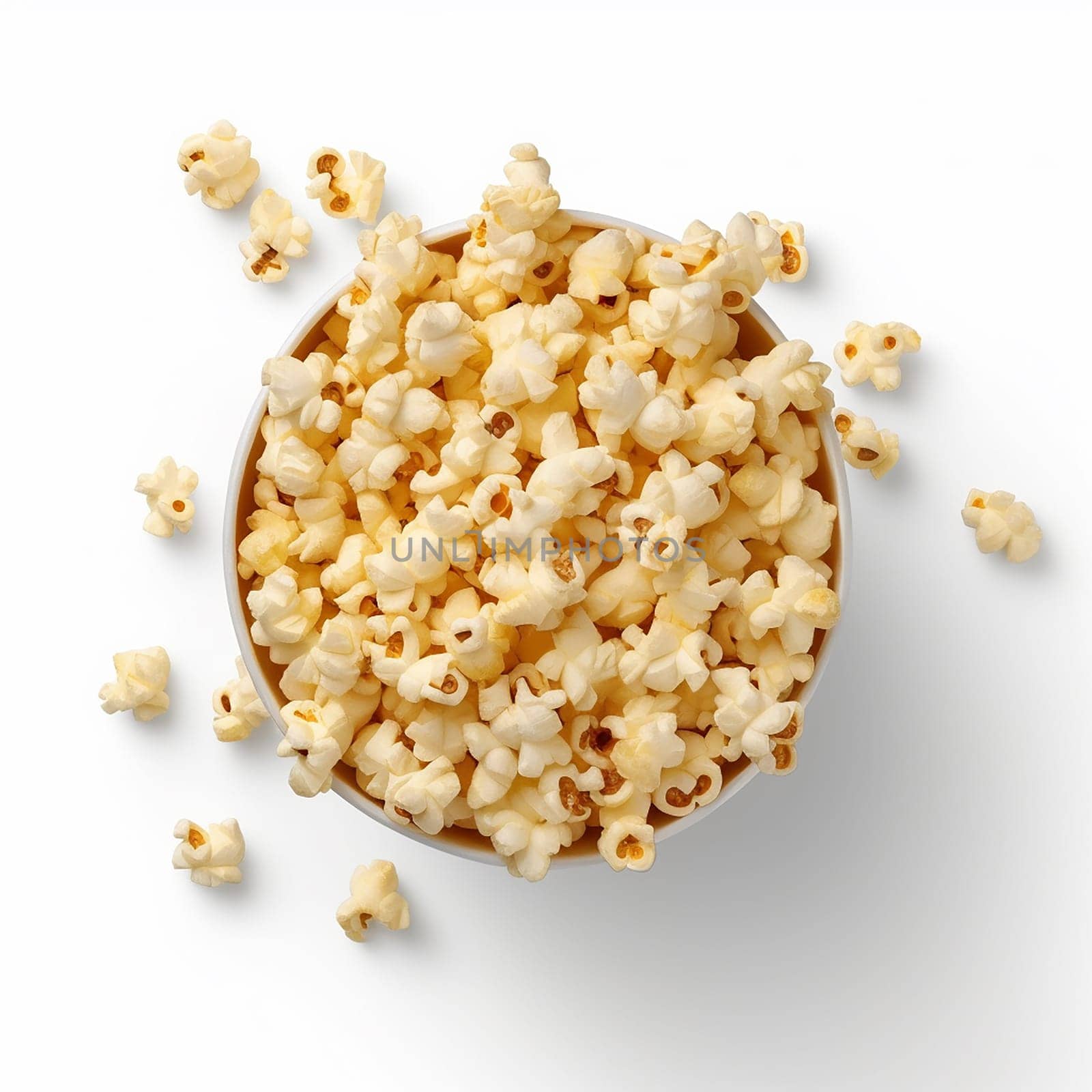 A bowl filled with freshly popped popcorn on a white background.