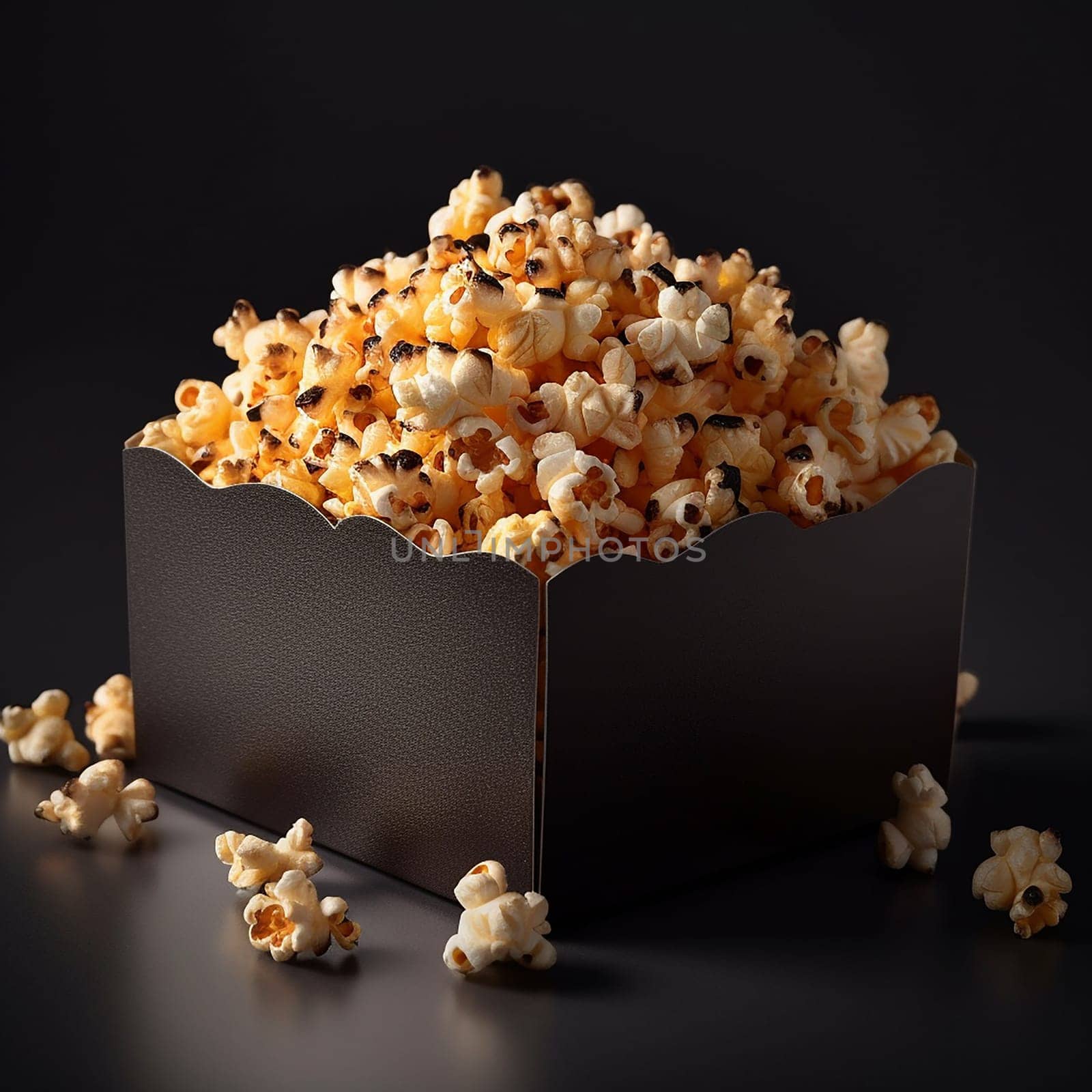 A box full of freshly popped golden popcorn for a cinema snack against a dark background. by Hype2art