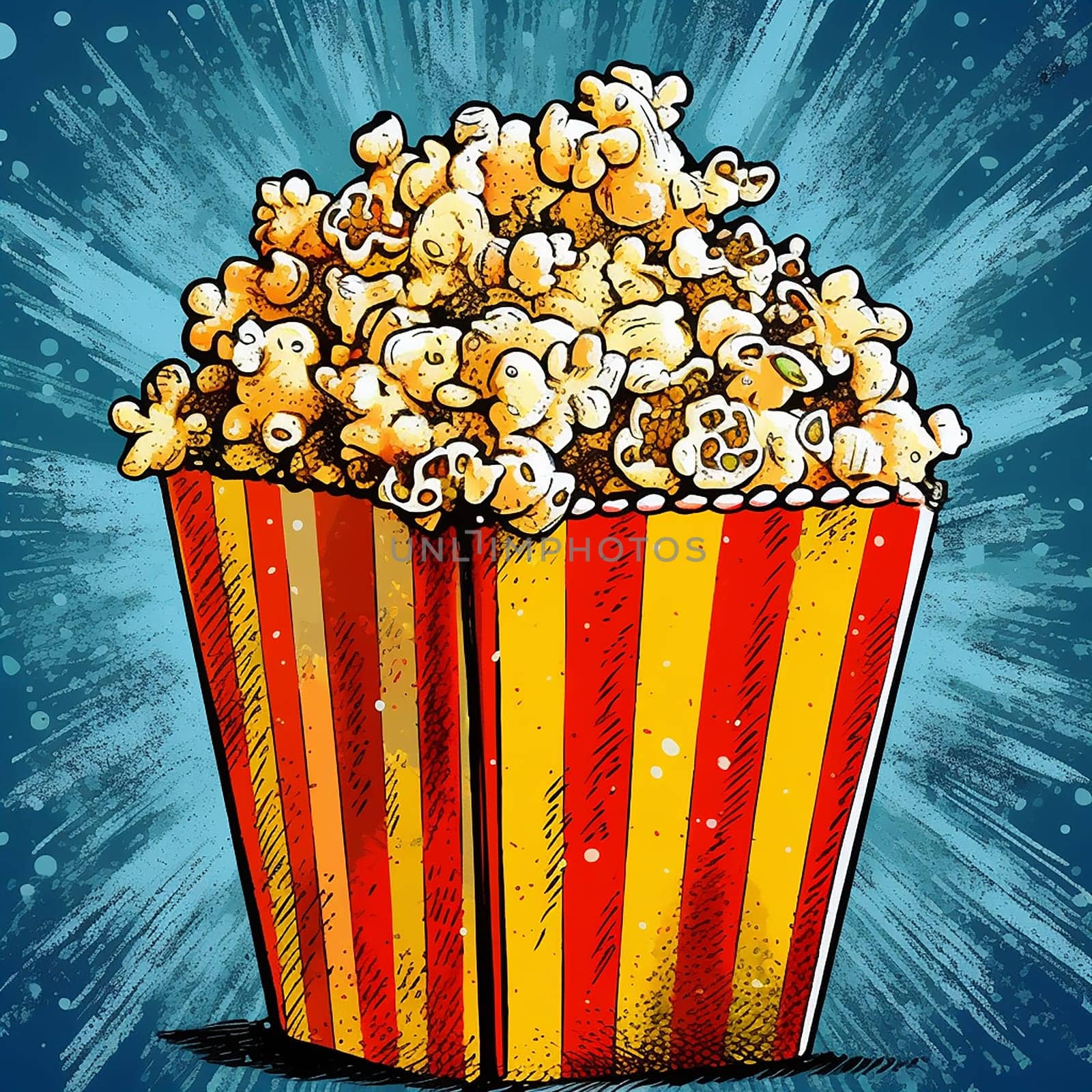 A large tub of popcorn on a stylized blue background.