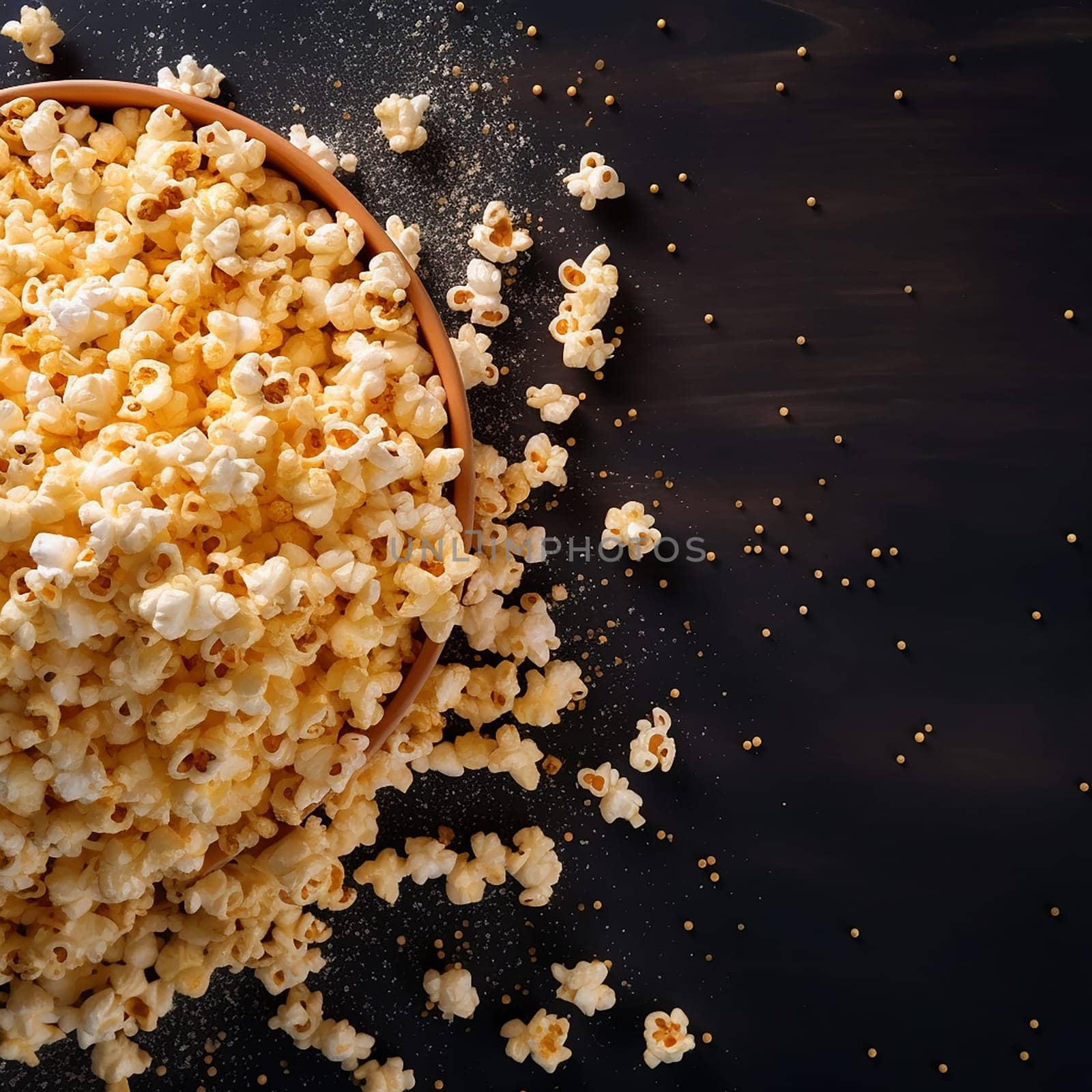 Overhead view of a bowl spilling popcorn onto a dark surface