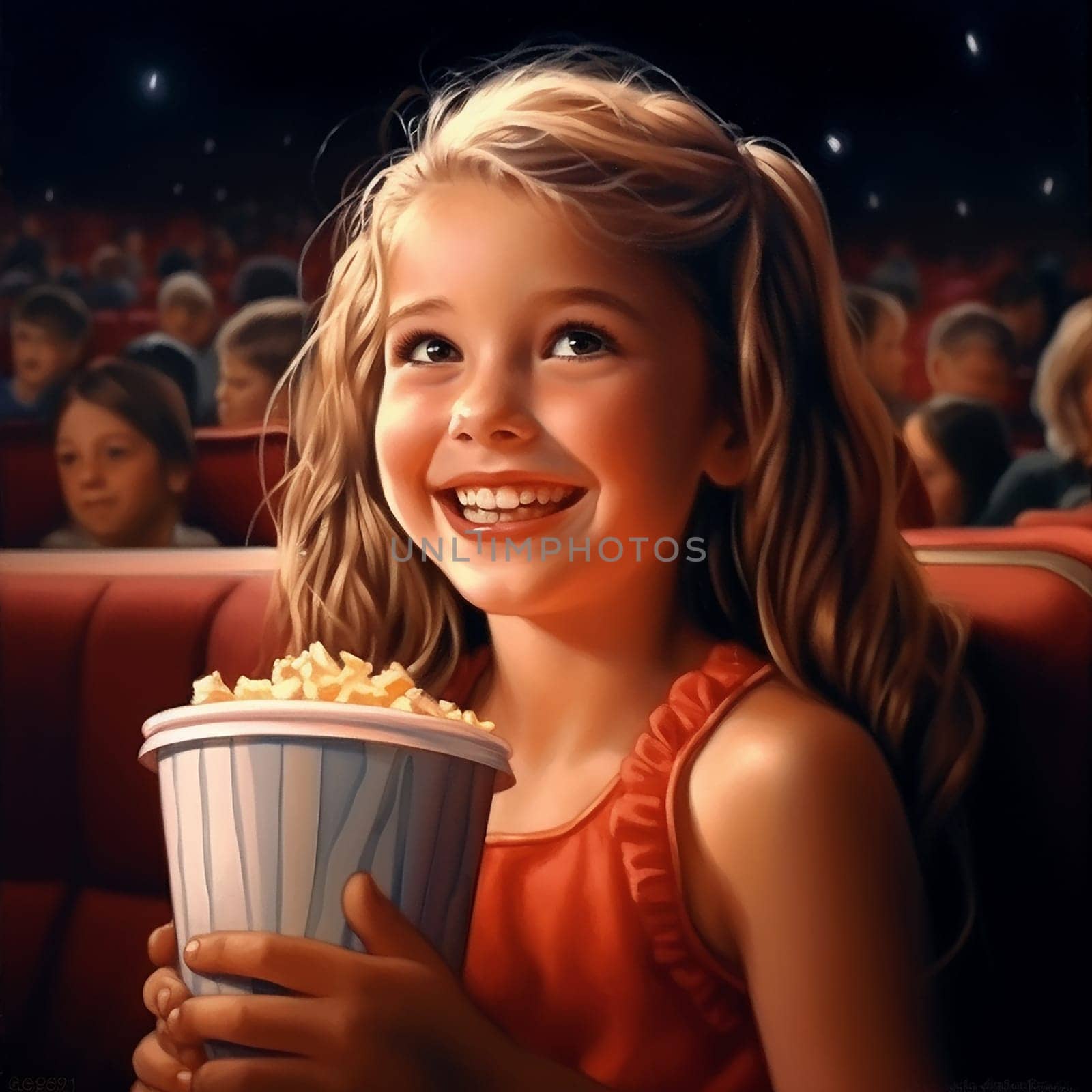 Young girl smiling with popcorn at the movies.