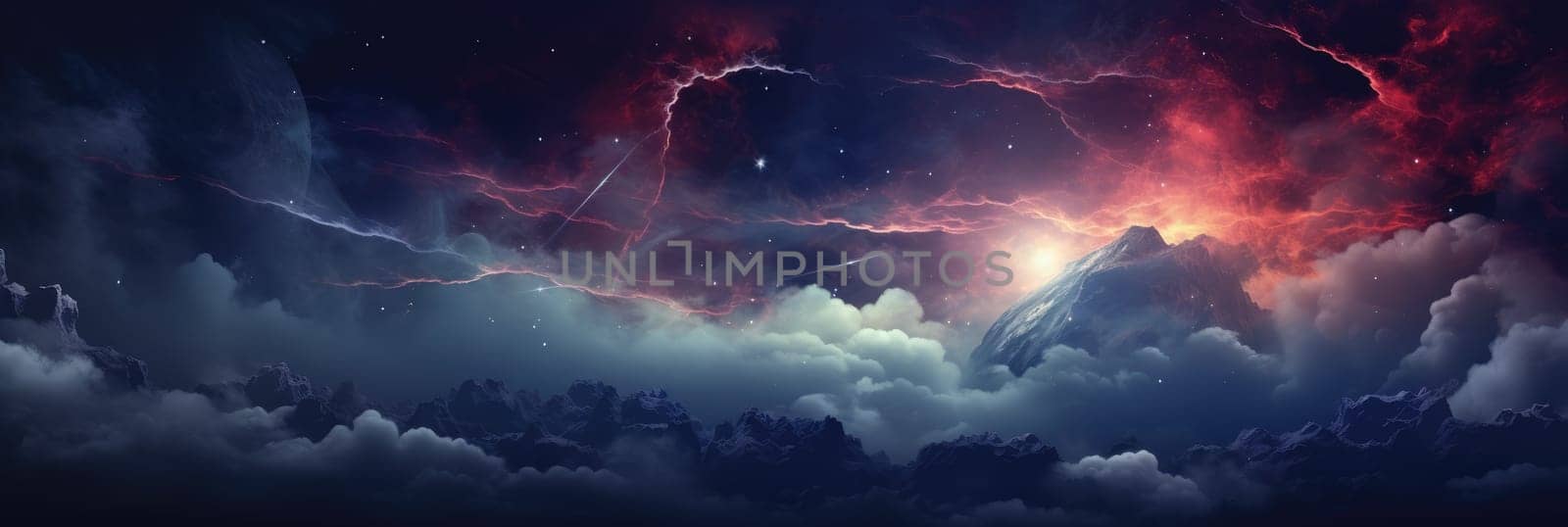 Creative design for wallpaper, background. Futuristic space landscape. Wide format banner AI