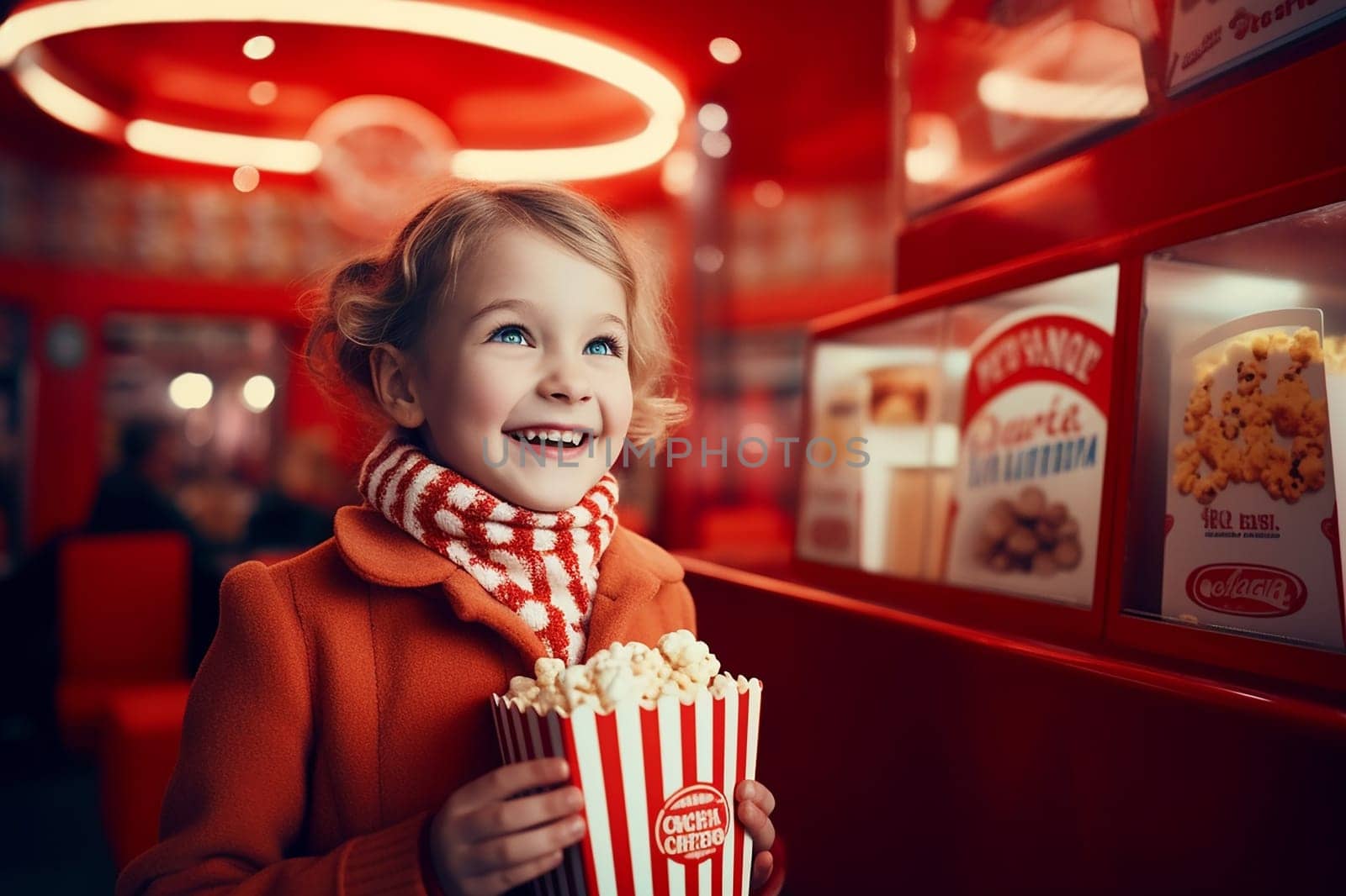 A smiling child holding popcorn in a vibrant red-themed environment.