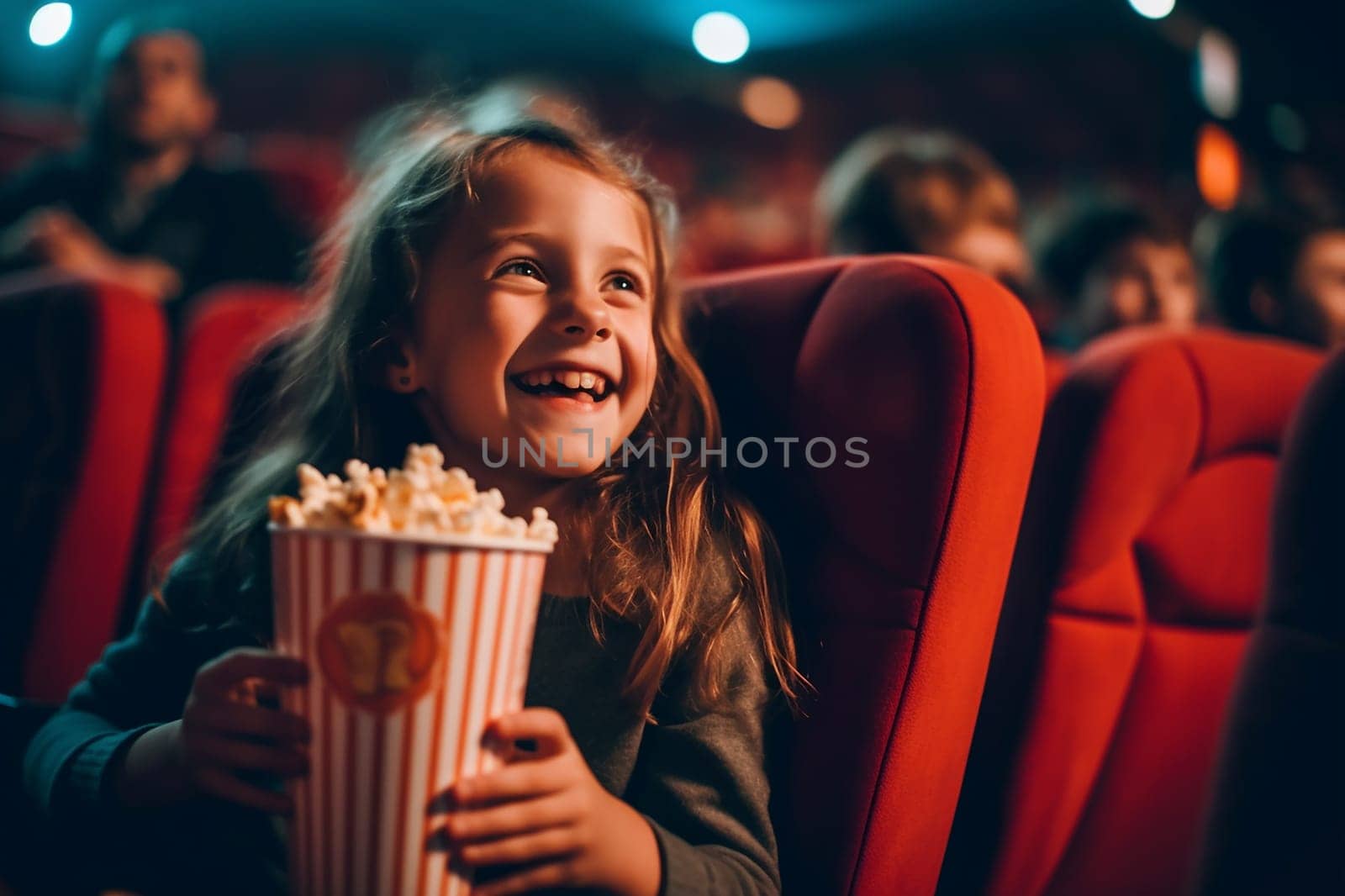 Young girl smiling with popcorn at a movie theater