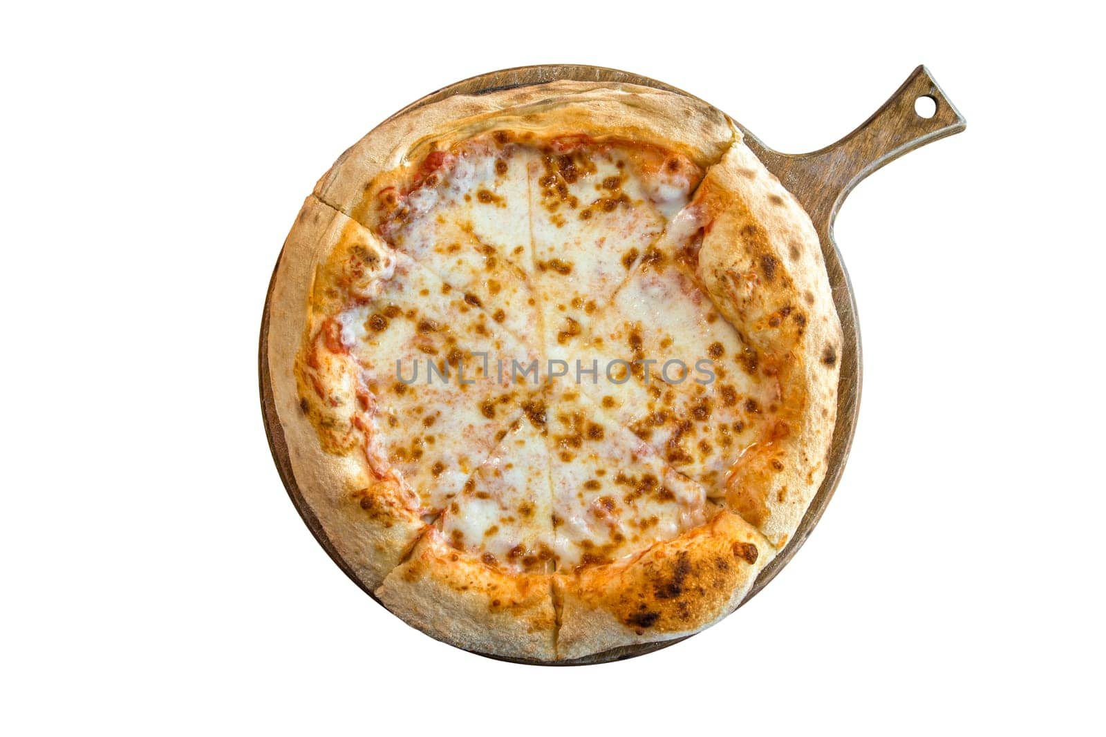 Fresh four cheese pizza sliced on white background