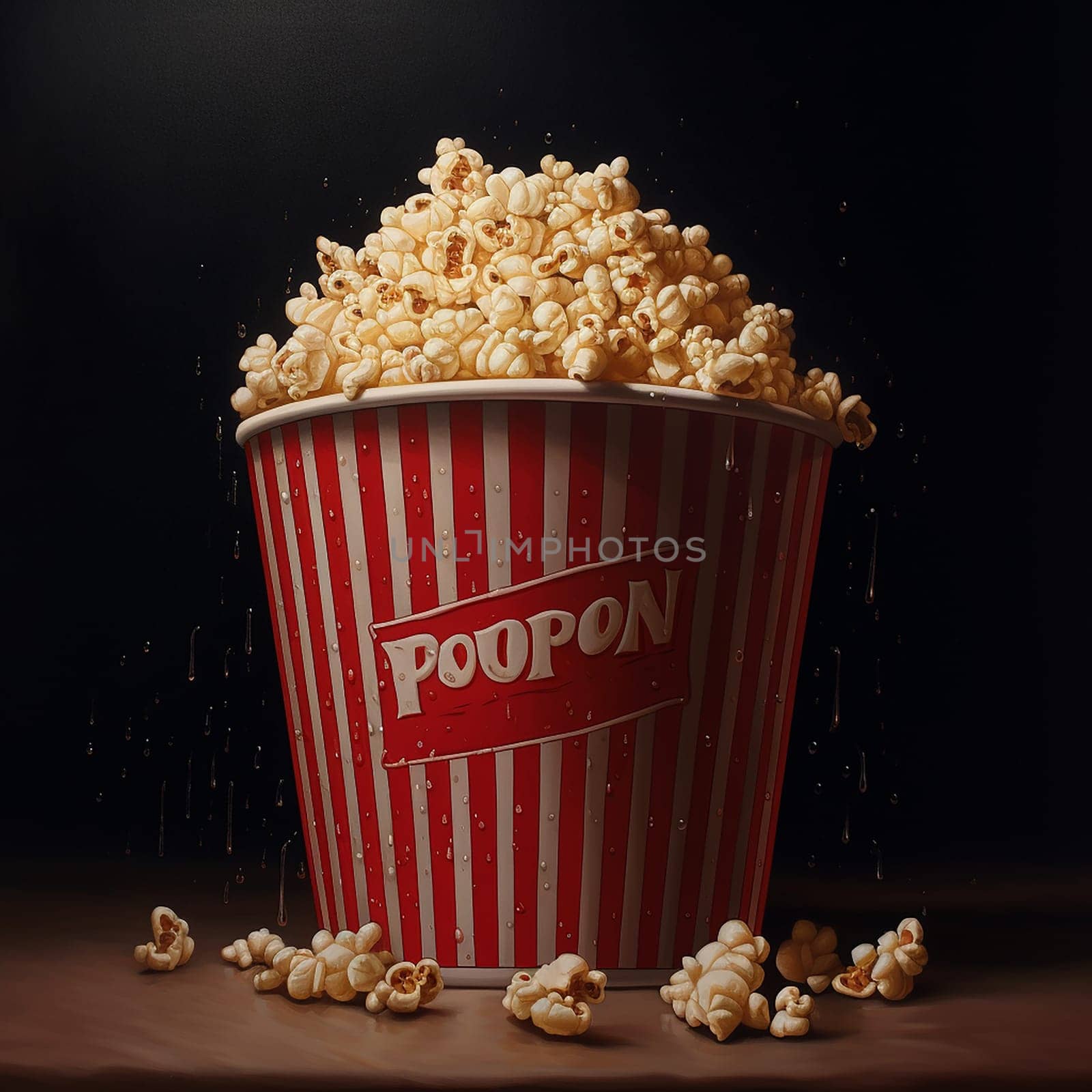 Overflowing popcorn perfect snack for cinema or theater in a striped red and white container by Hype2art