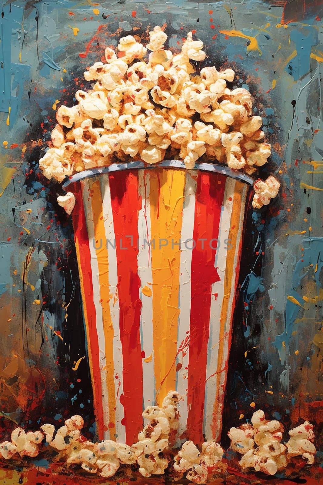 A large tub of popcorn for cinema, commercial painted style on blue background.