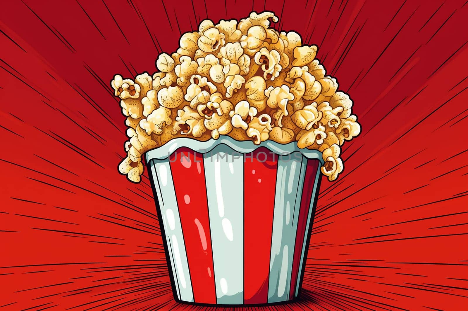 A large tub of popcorn for cinema, commercial on a stylized pop art style on blue background.