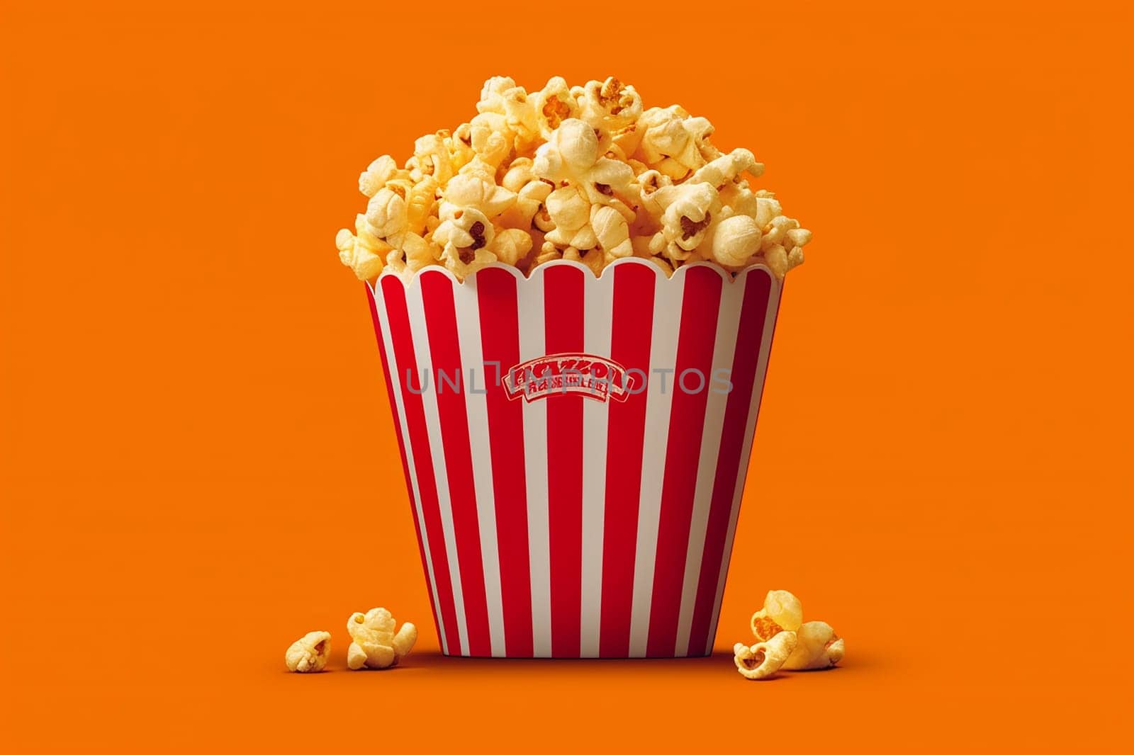 Overflowing popcorn perfect snack for cinema or theater in a striped red and white container