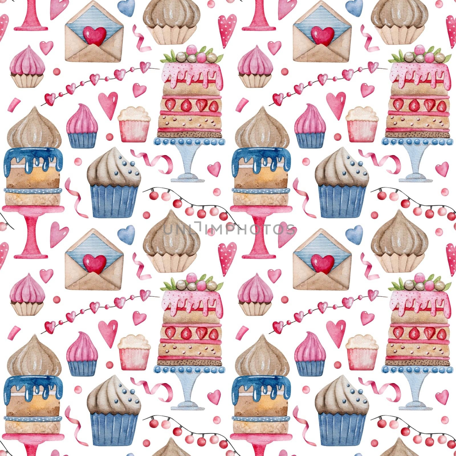 Hand-Drawn Watercolor Illustration Features A Seamless Pattern For February 14Th With Sweets And Hearts