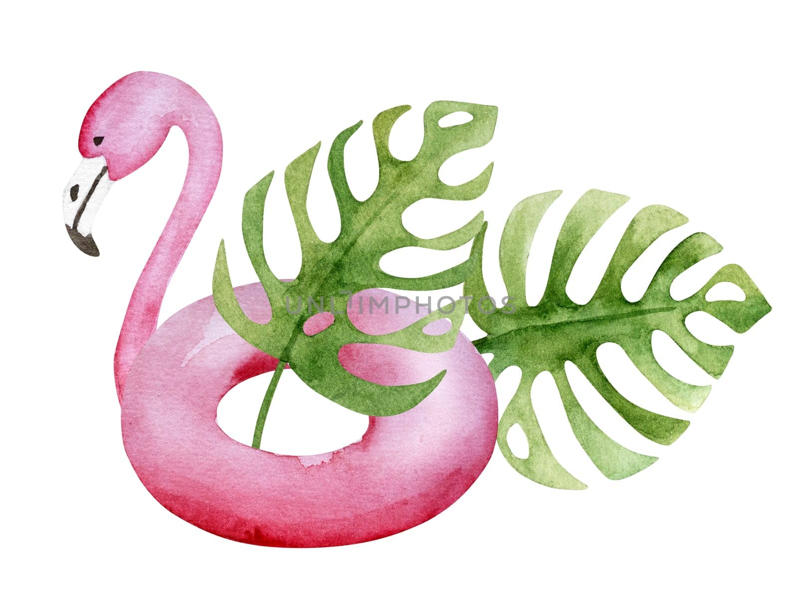 Hand-Drawn Image Of A Summer-Themed Watercolor Illustration Featuring A Flamingo-Shaped Swimming Ring And Tropical Leaves by tan4ikk1