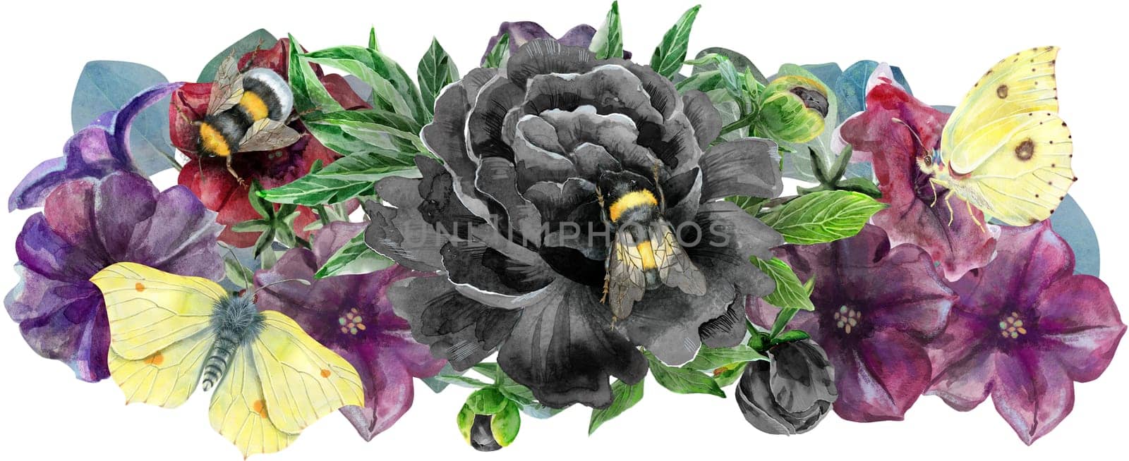 Elegant bouquet with petunia and peony flowers, design element. Floral composition can be used for wedding, baby shower, mothers day, valentines day cards, invitations. in watercolor style