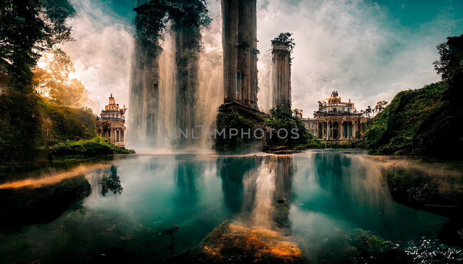 fantasy neo-baroque buildings on green lake with waterfalls, neural network generated art. Digitally generated image. Not based on any actual scene or pattern.