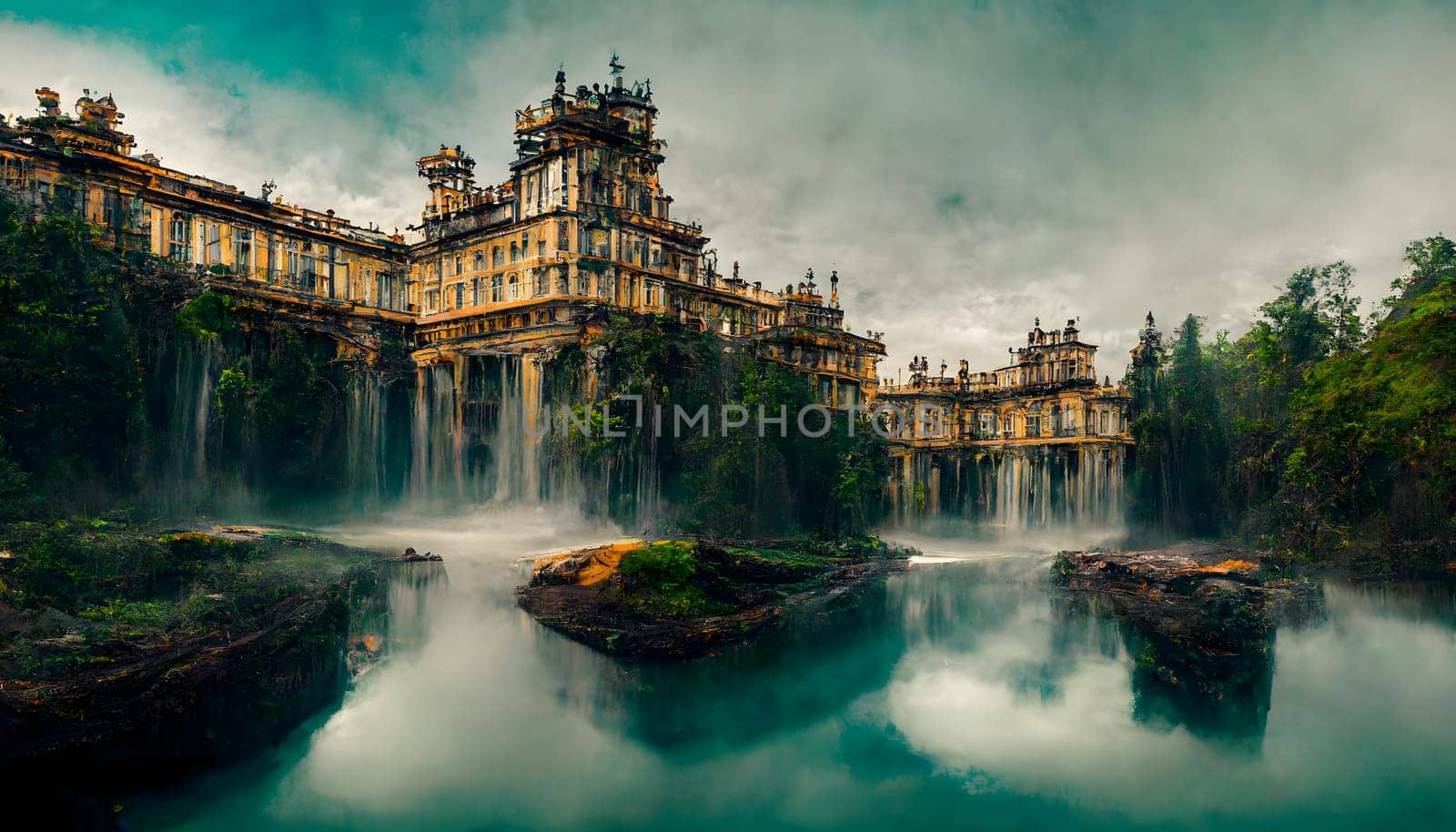 fantasy neo-baroque buildings on green lake with waterfalls, neural network generated art by z1b