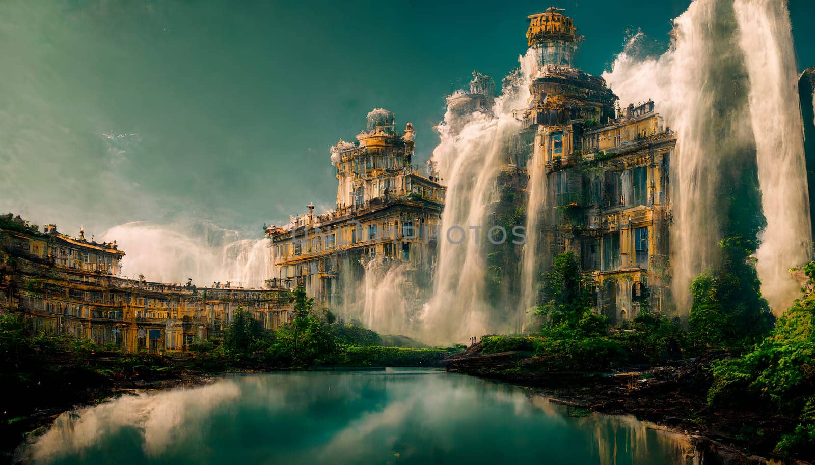 fantasy neo-baroque buildings on green lake with waterfalls, neural network generated art. Digitally generated image. Not based on any actual scene or pattern.