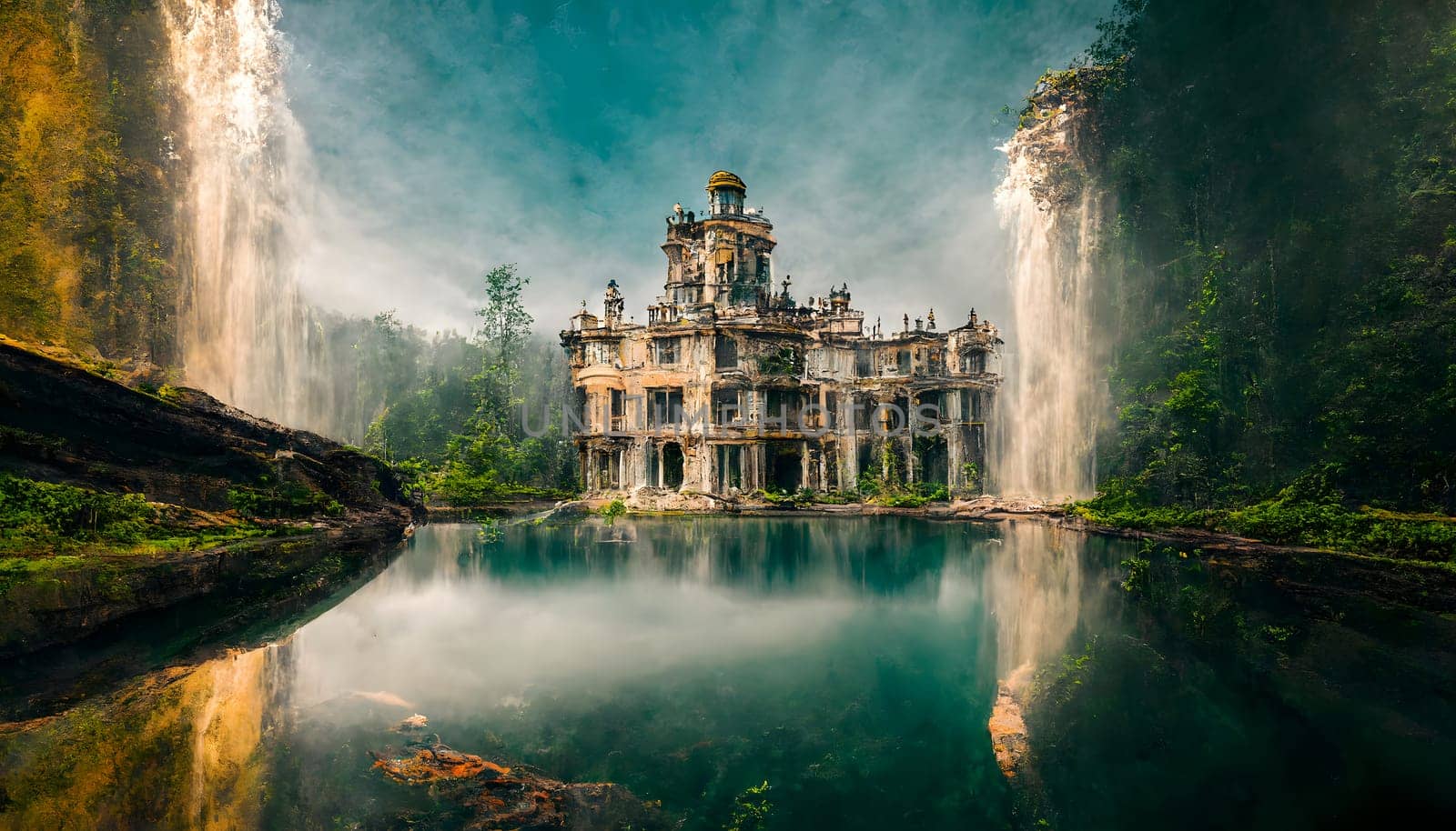 fantasy neo-baroque buildings on green lake with waterfalls, neural network generated art by z1b