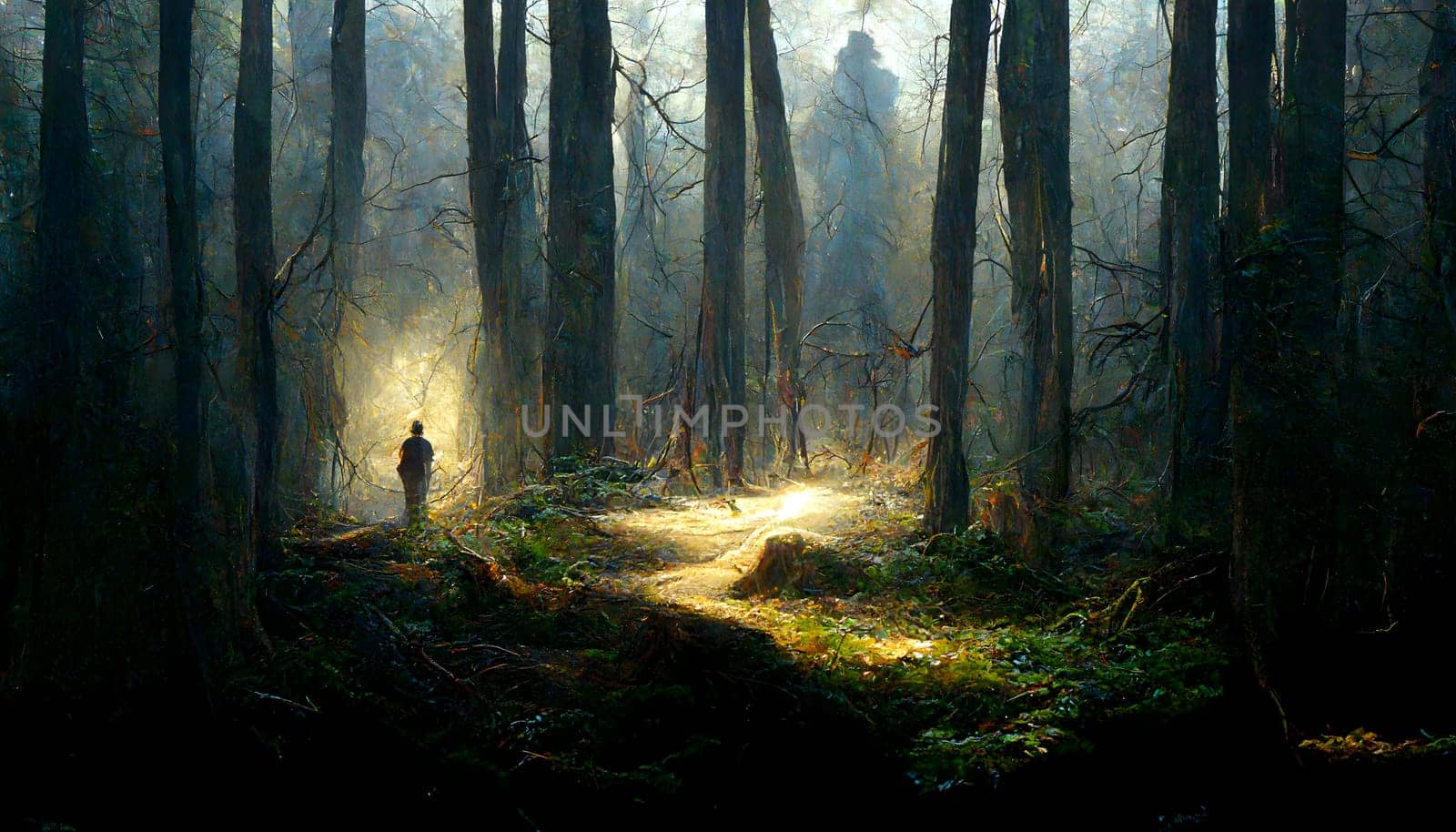 human figure silhouette in forest backlit mist, neural network generated art. Digitally generated image. Not based on any actual scene or pattern.