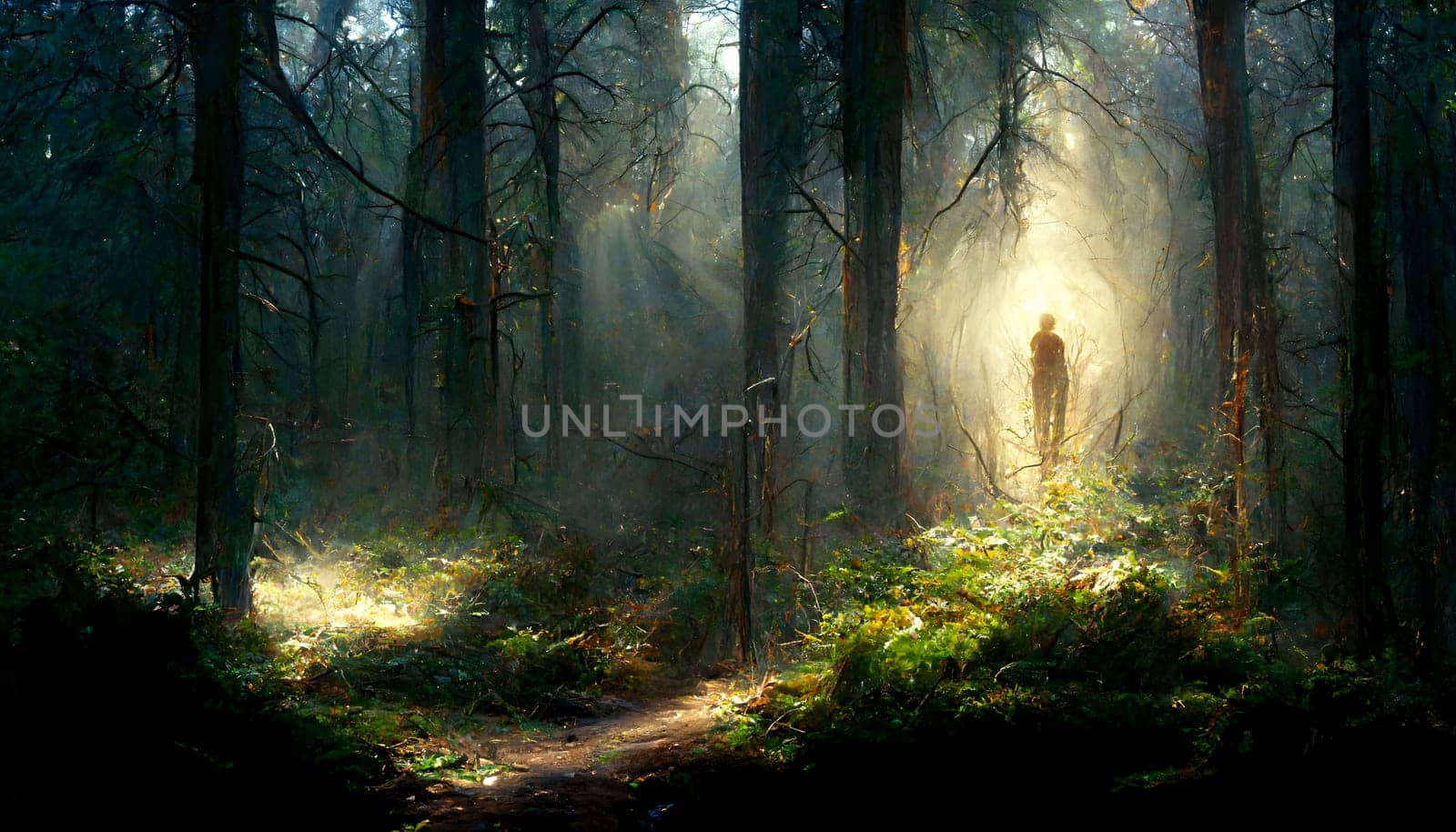 human figure silhouette in forest backlit mist, neural network generated art. Digitally generated image. Not based on any actual scene or pattern.