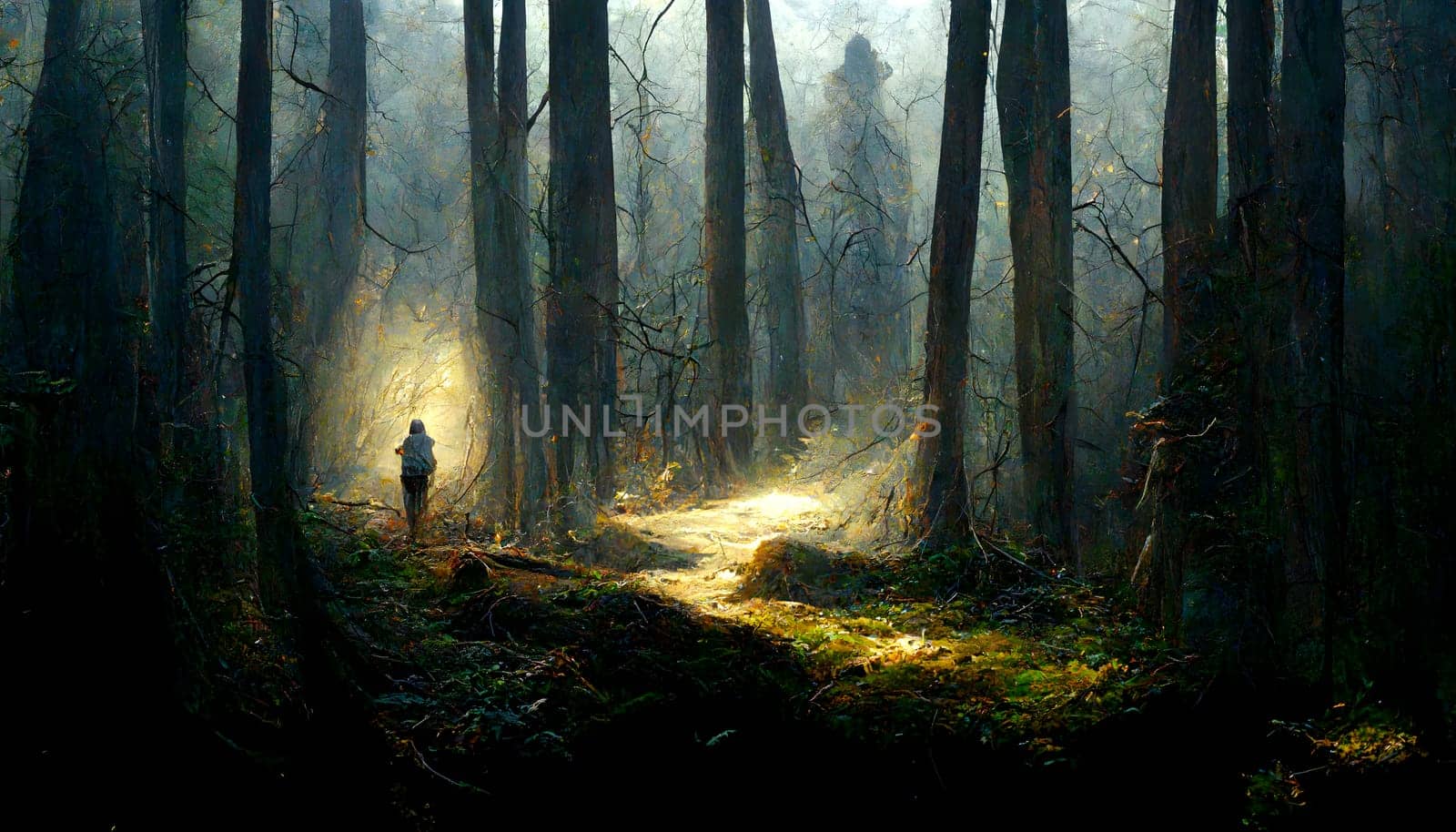 human figure silhouette in forest backlit mist, neural network generated art. Digitally generated image. Not based on any actual scene or pattern.