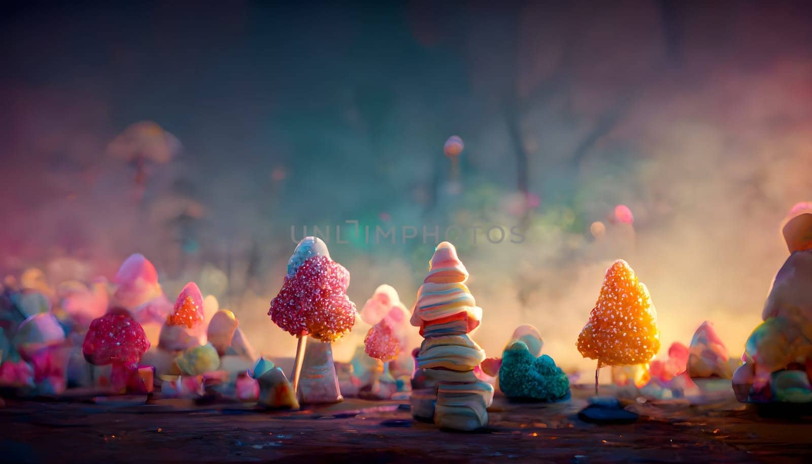 fantasy marshmallow forest, neural network generated art. Digitally generated image. Not based on any actual scene or pattern.