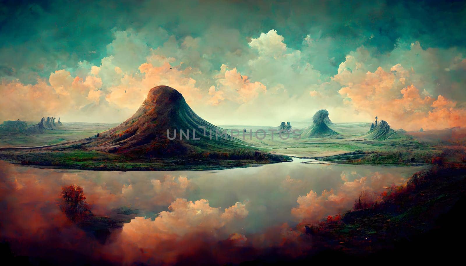 dreamy alien landscape with butte mountains and strange clouds, neural network generated art. Digitally generated image. Not based on any actual scene or pattern.