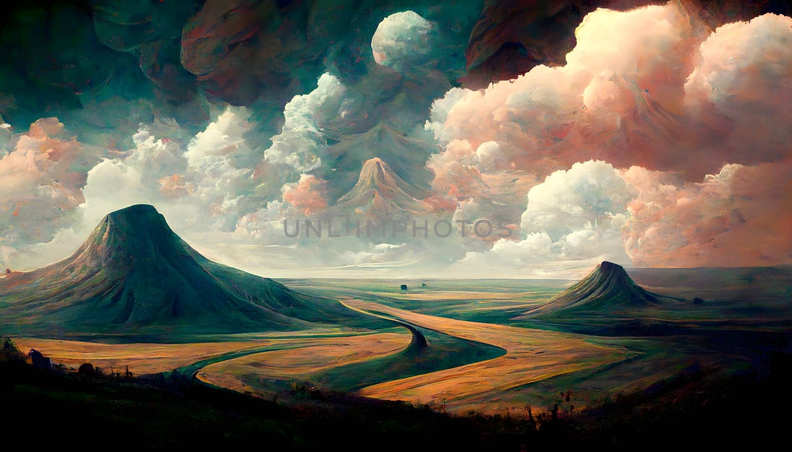 dreamy alien landscape with butte mountains and strange clouds, neural network generated art by z1b