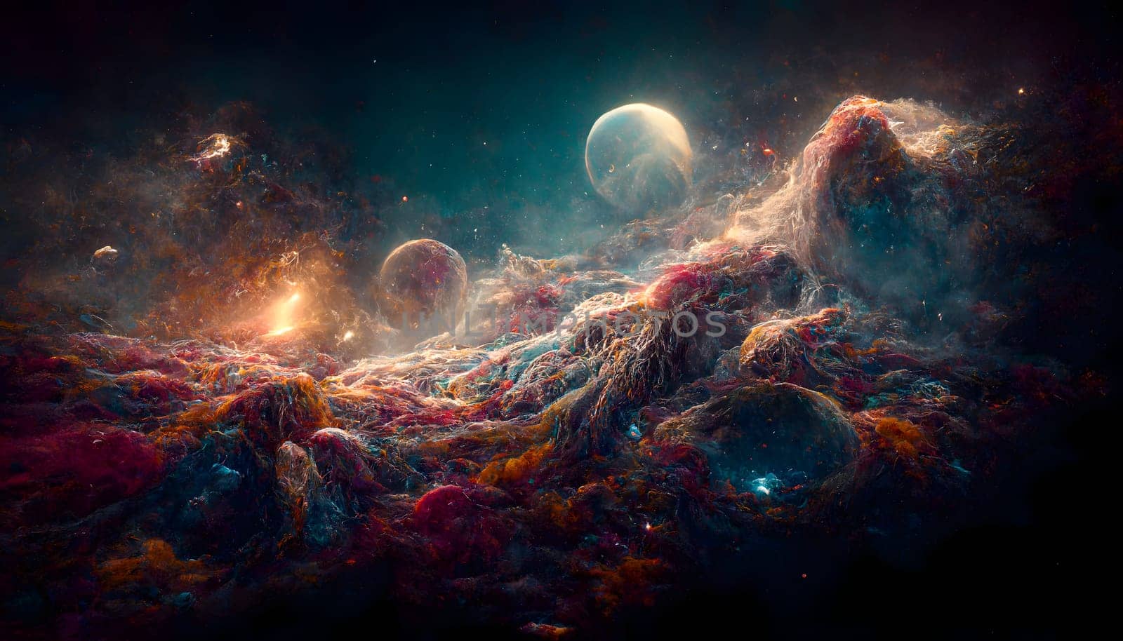 absctract cosmic scenery with colorful orbital clouds, neural network generated art. Digitally generated image. Not based on any actual scene or pattern.