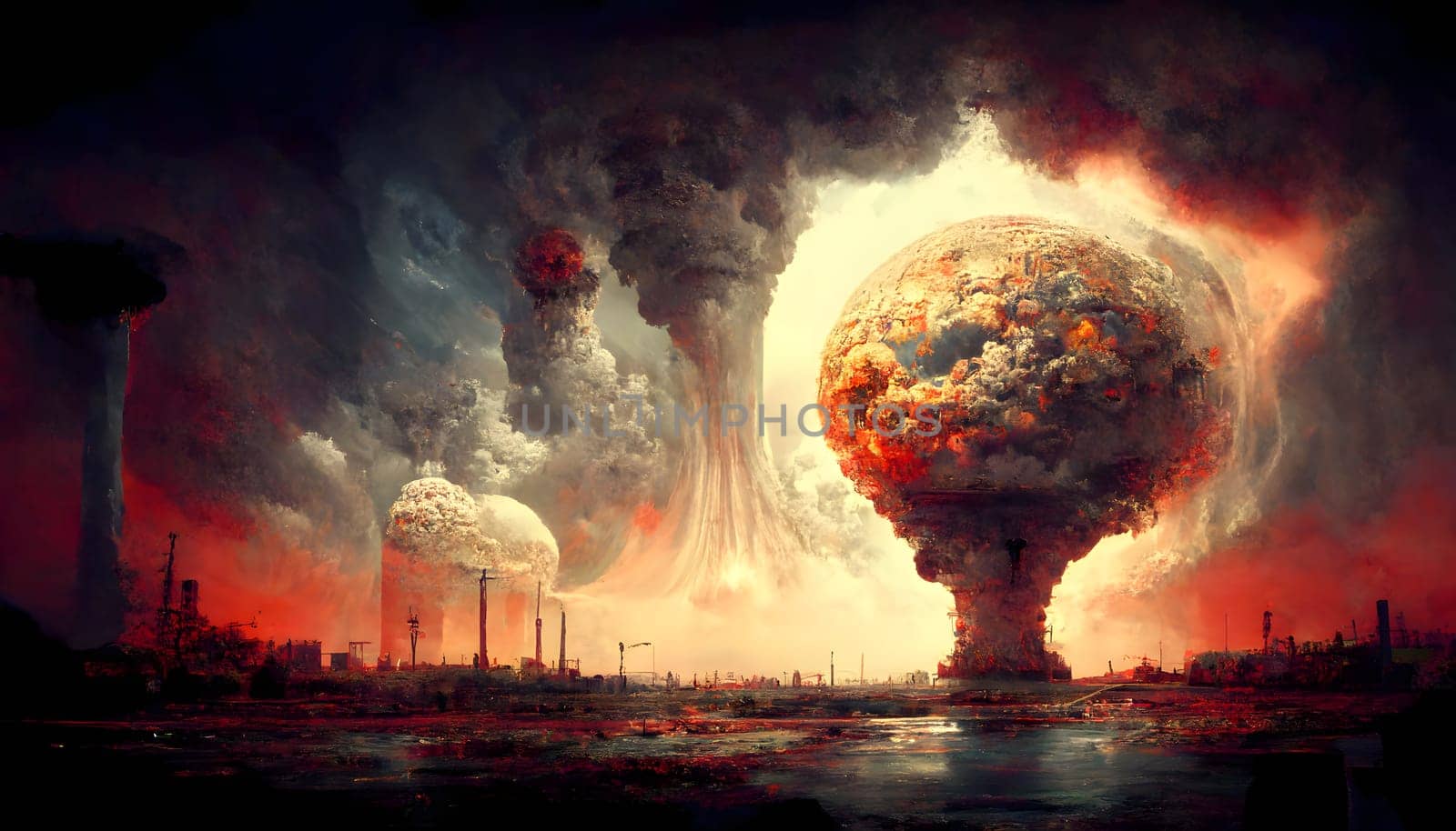 nuclear war, apocalyptic mushroom cloud above city, neural network generated art. Digitally generated image. Not based on any actual scene or pattern.