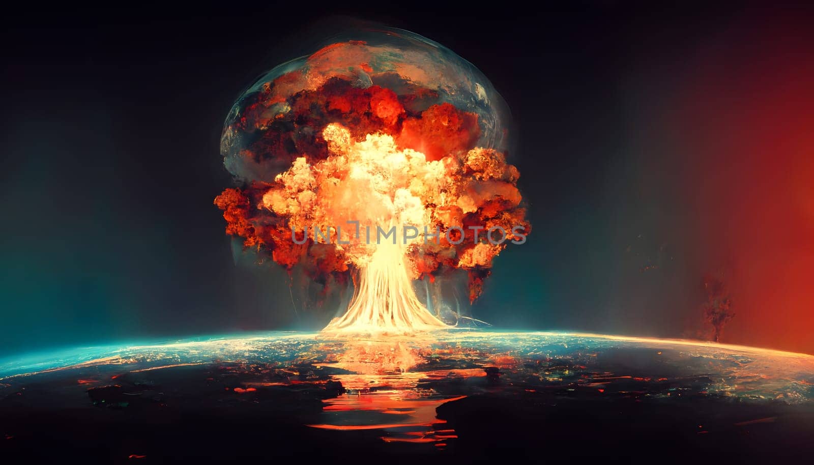 nuclear war, apocalyptic mushroom cloud above city, neural network generated art. Digitally generated image. Not based on any actual scene or pattern.