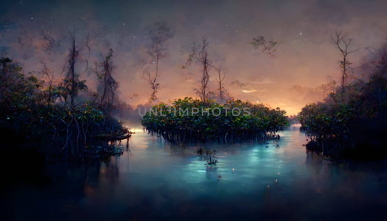 mangroves on the banks of the river at night, neural network generated art by z1b