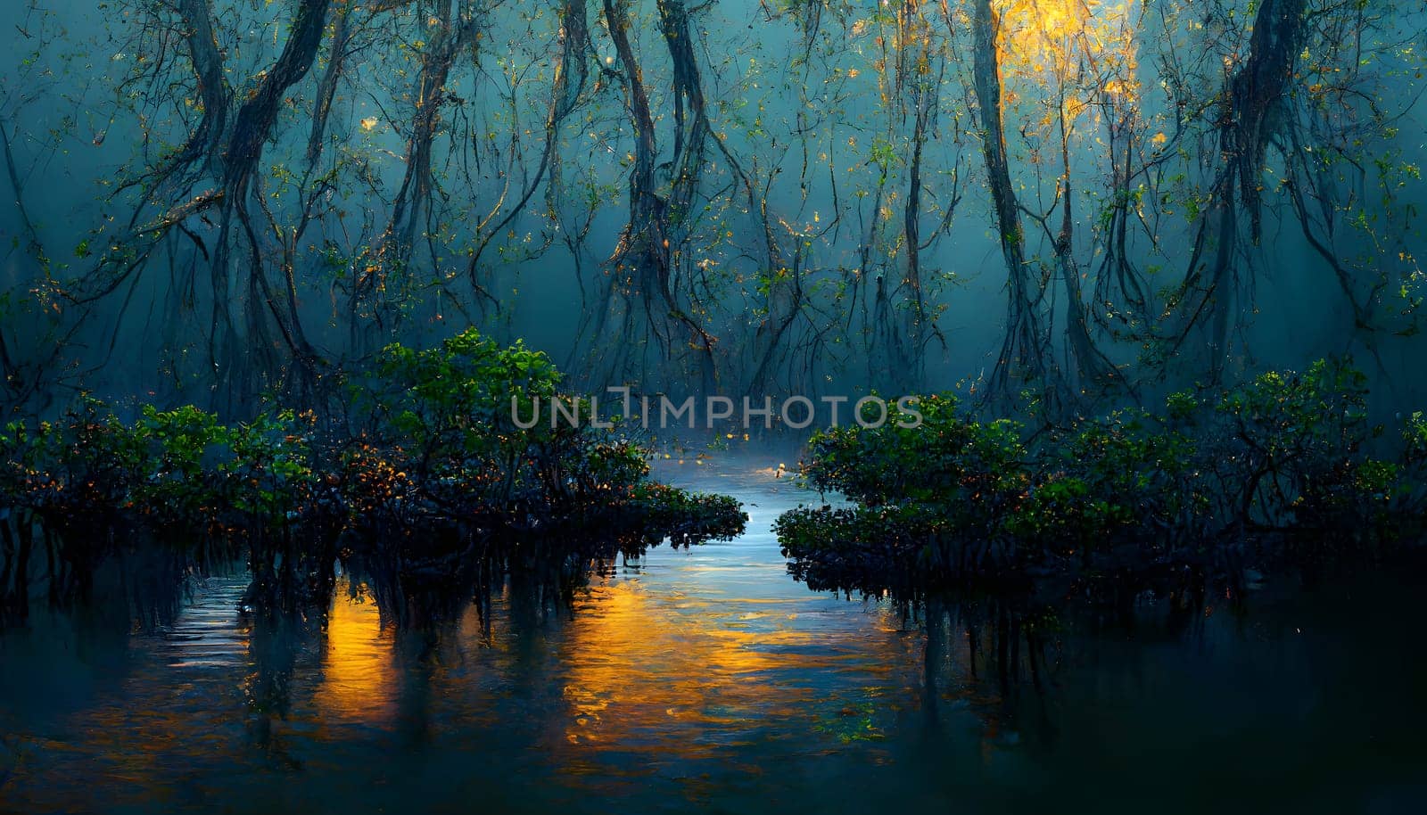 mangroves on the banks of the river at night, neural network generated art. Digitally generated image. Not based on any actual scene or pattern.