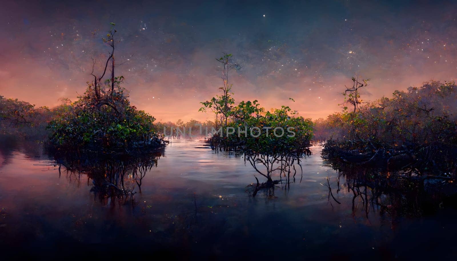 mangroves on the banks of the river at night, neural network generated art. Digitally generated image. Not based on any actual scene or pattern.