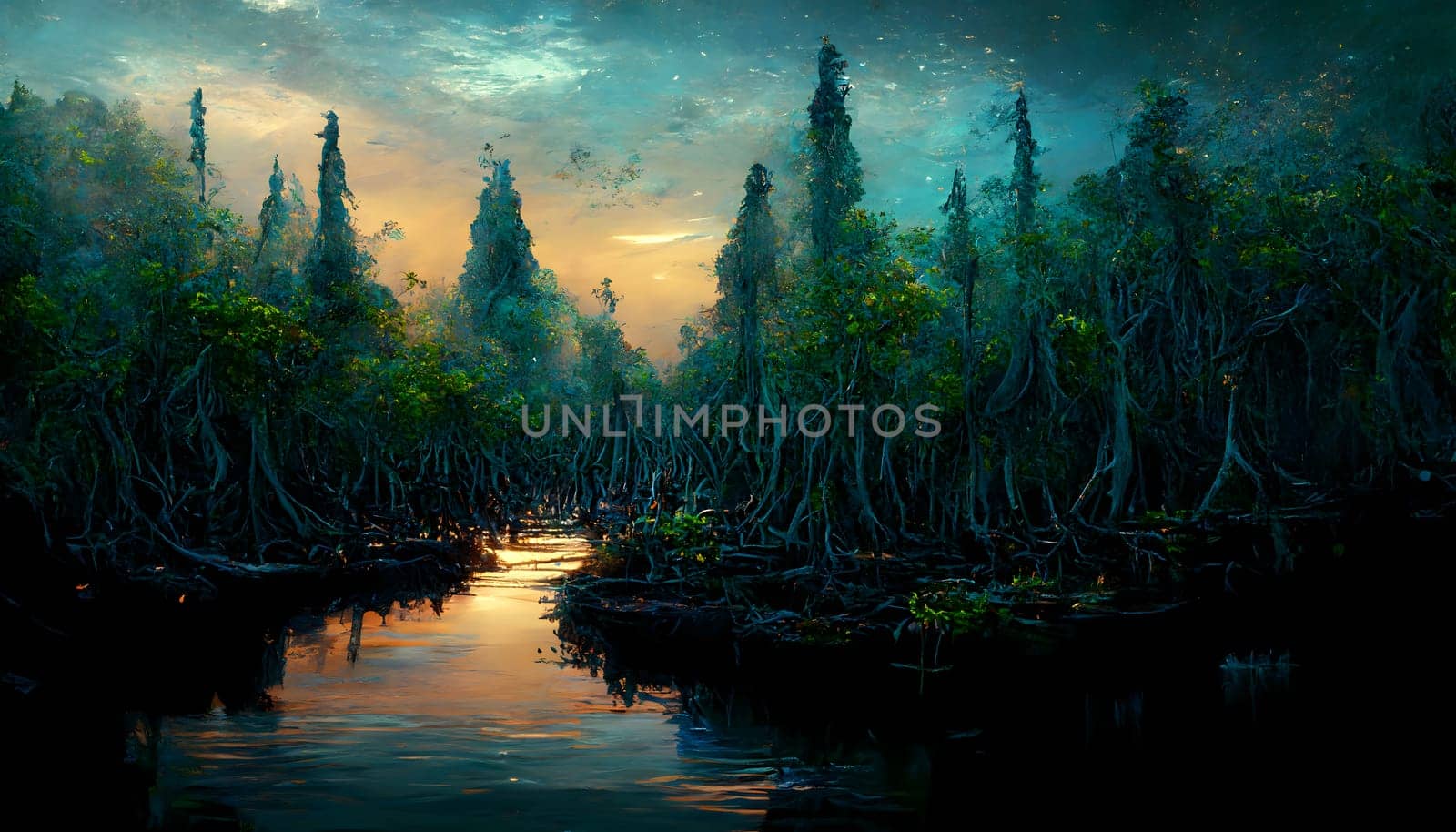 mangroves on the banks of the river at night, neural network generated art. Digitally generated image. Not based on any actual scene or pattern.