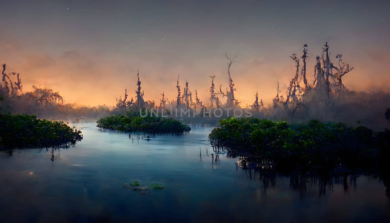 mangroves on the banks of the river at night, neural network generated art. Digitally generated image. Not based on any actual scene or pattern.