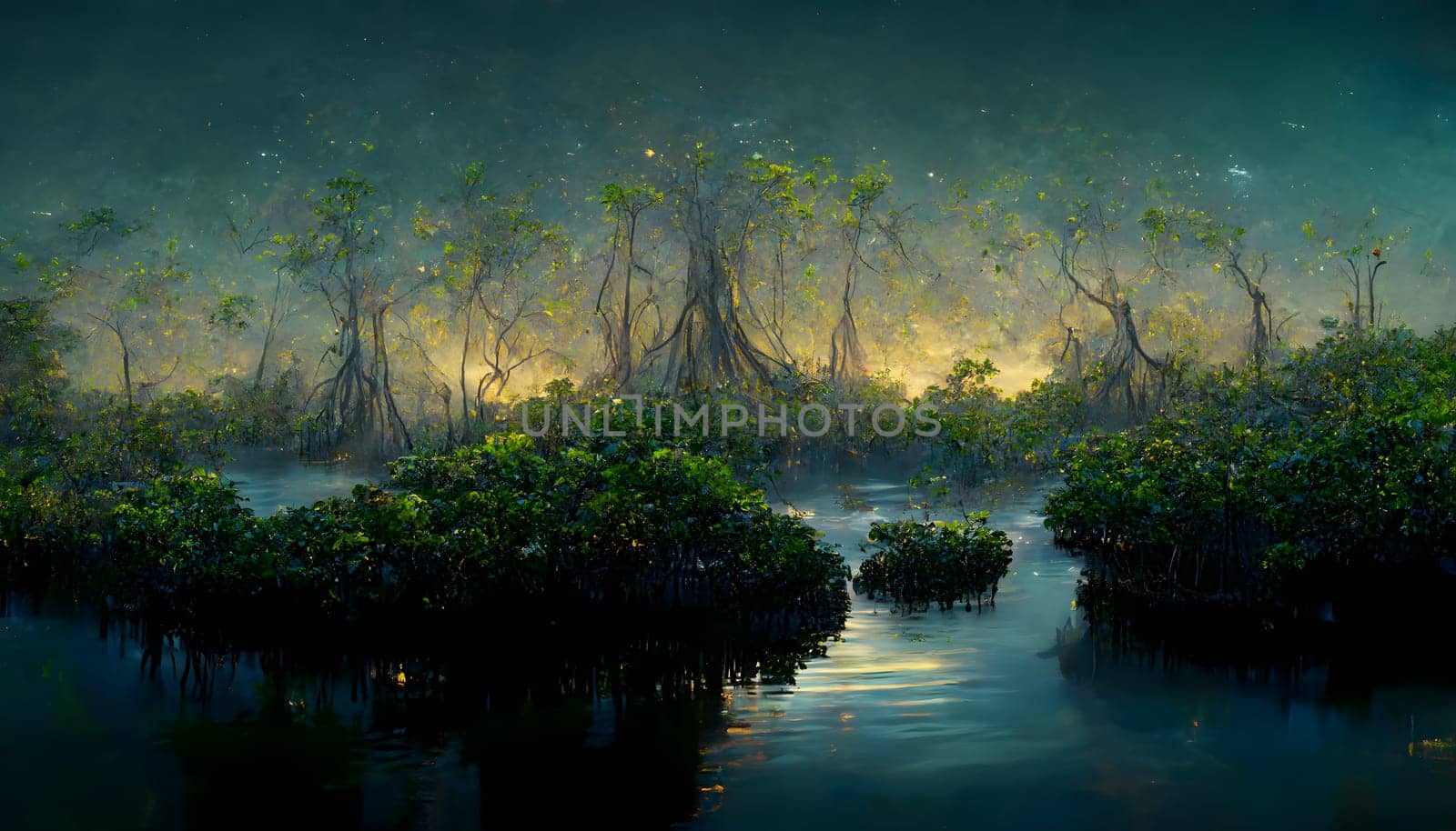 mangroves on the banks of the river at night, neural network generated art by z1b