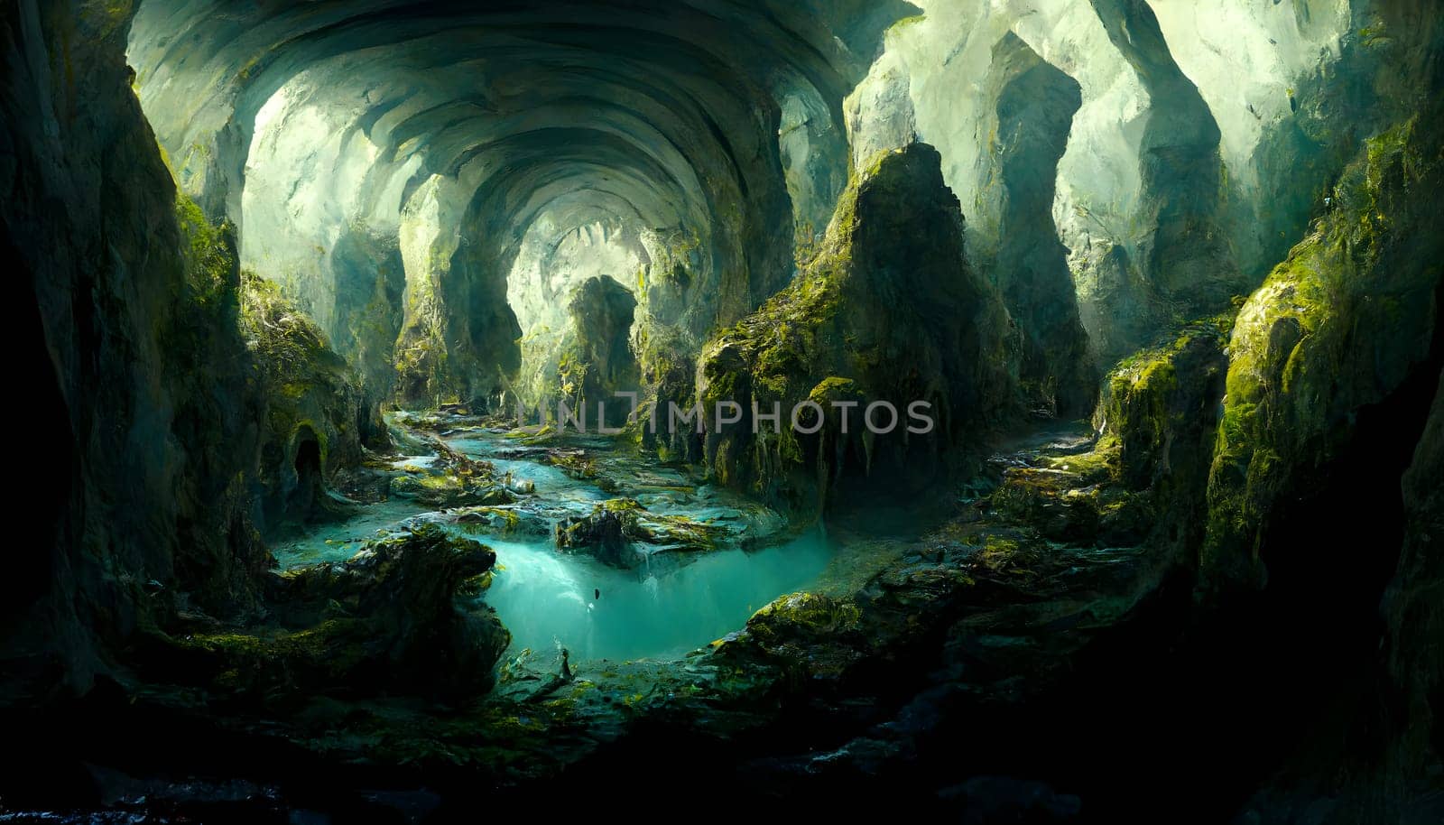 fantastic green cave, neural network generated art. Digitally generated image. Not based on any actual scene or pattern.