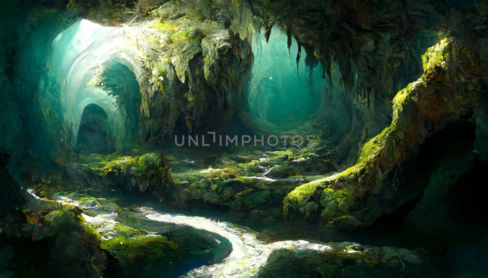 fantastic green cave, neural network generated art. Digitally generated image. Not based on any actual scene or pattern.