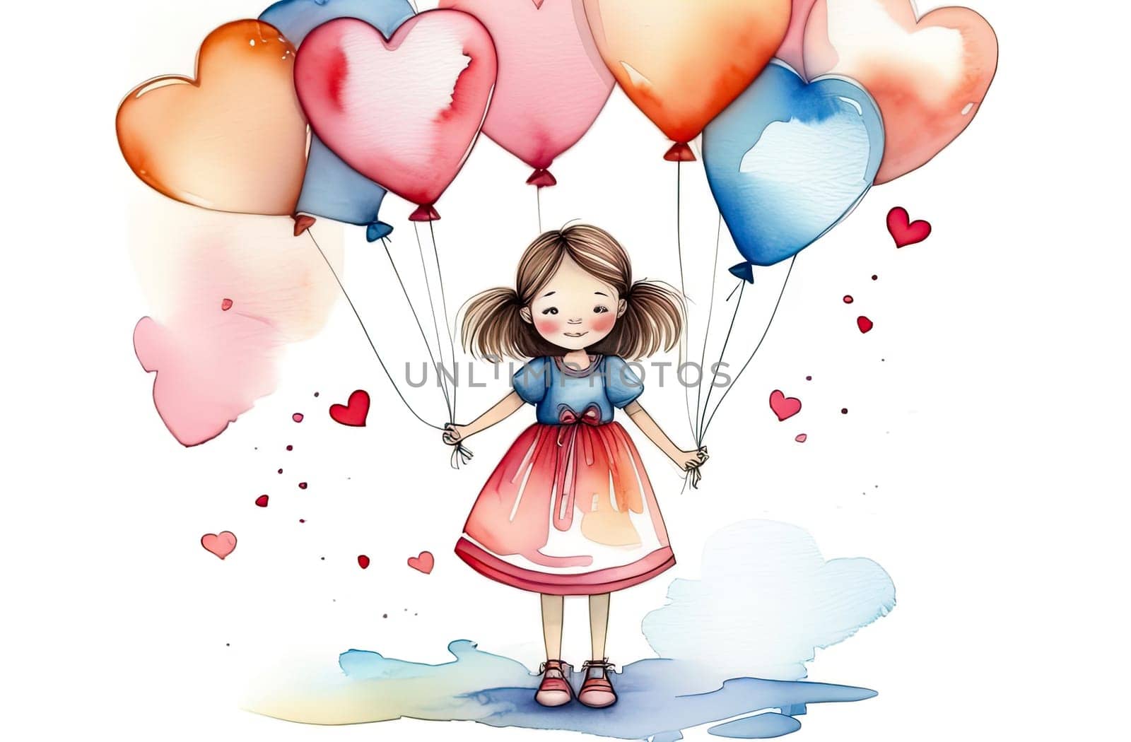 Little cute girl in a bright blue dress posing while holding balloons and flowers in her hands. by Proxima13